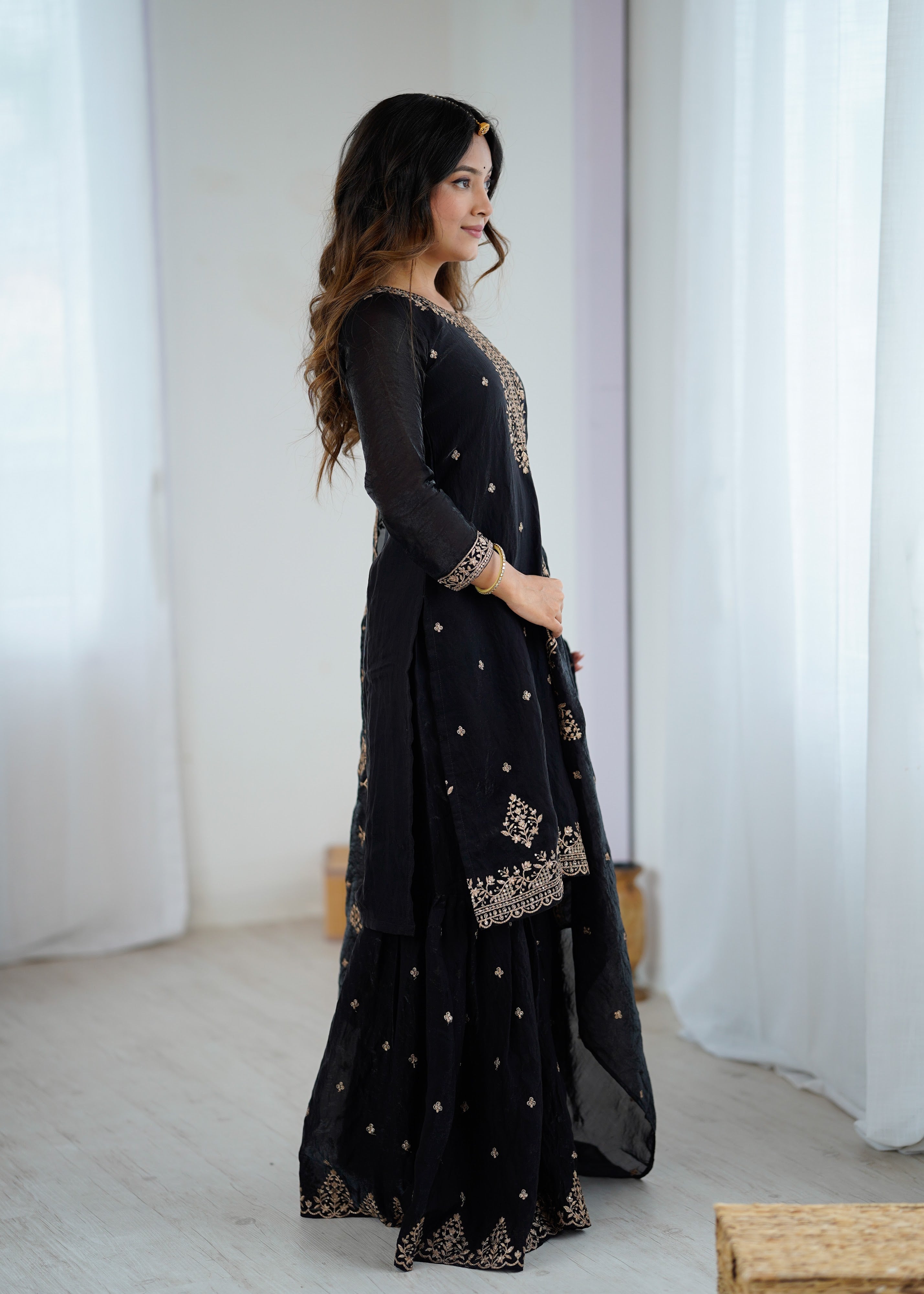 Crunchy Silk Embroidered Kurta-Sharara Set – Black