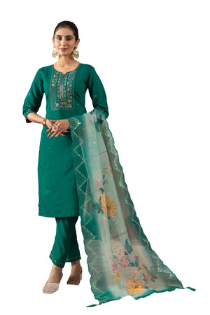Roman Silk Embroidered Straight Kurti Set – Rama Green