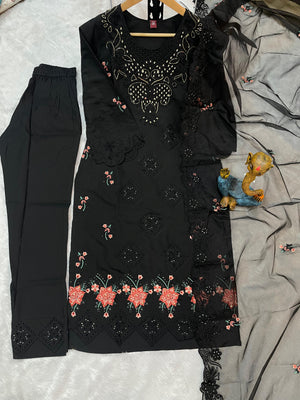 Heavy Viscose Roman Embroidered Straight Kurti Set – Black