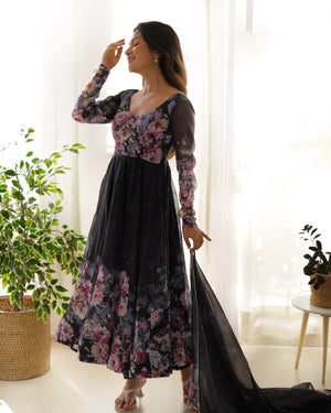 Organza Silk Printed Anarkali Set – Black
