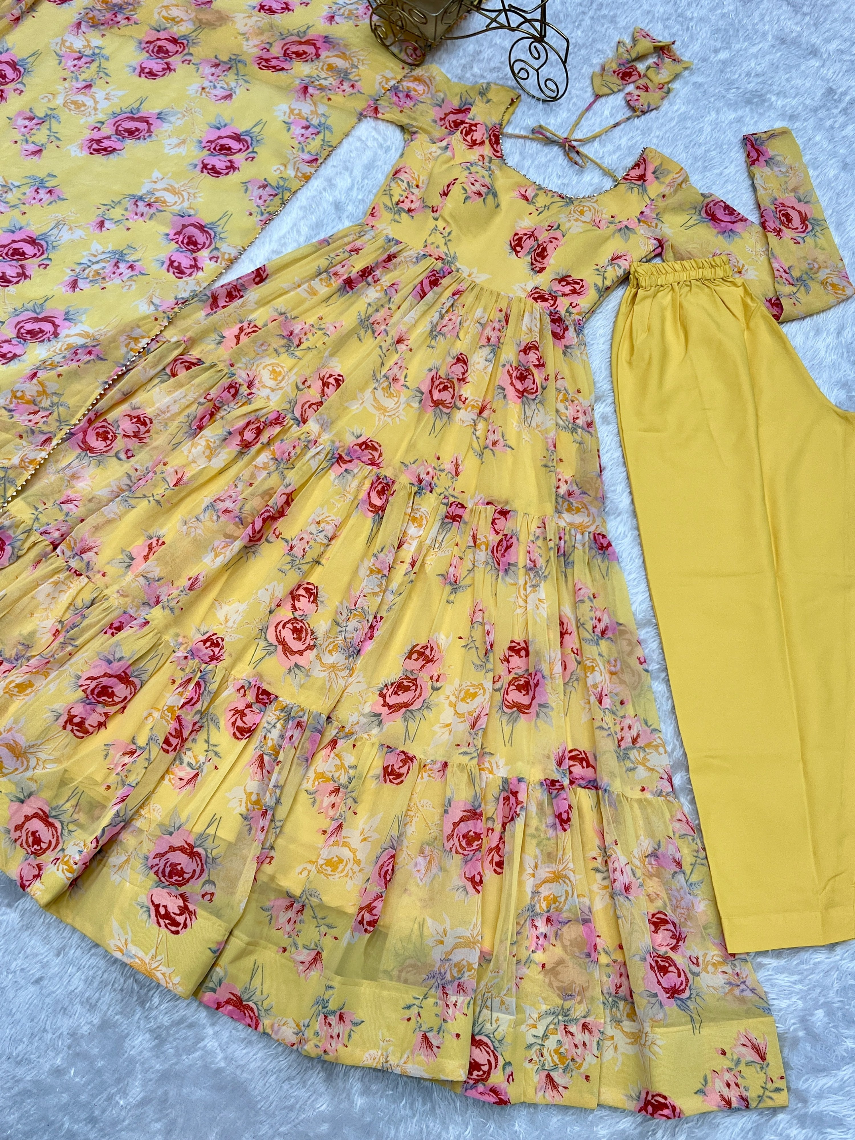 Georgette Printed Anarkali Set – Yellow