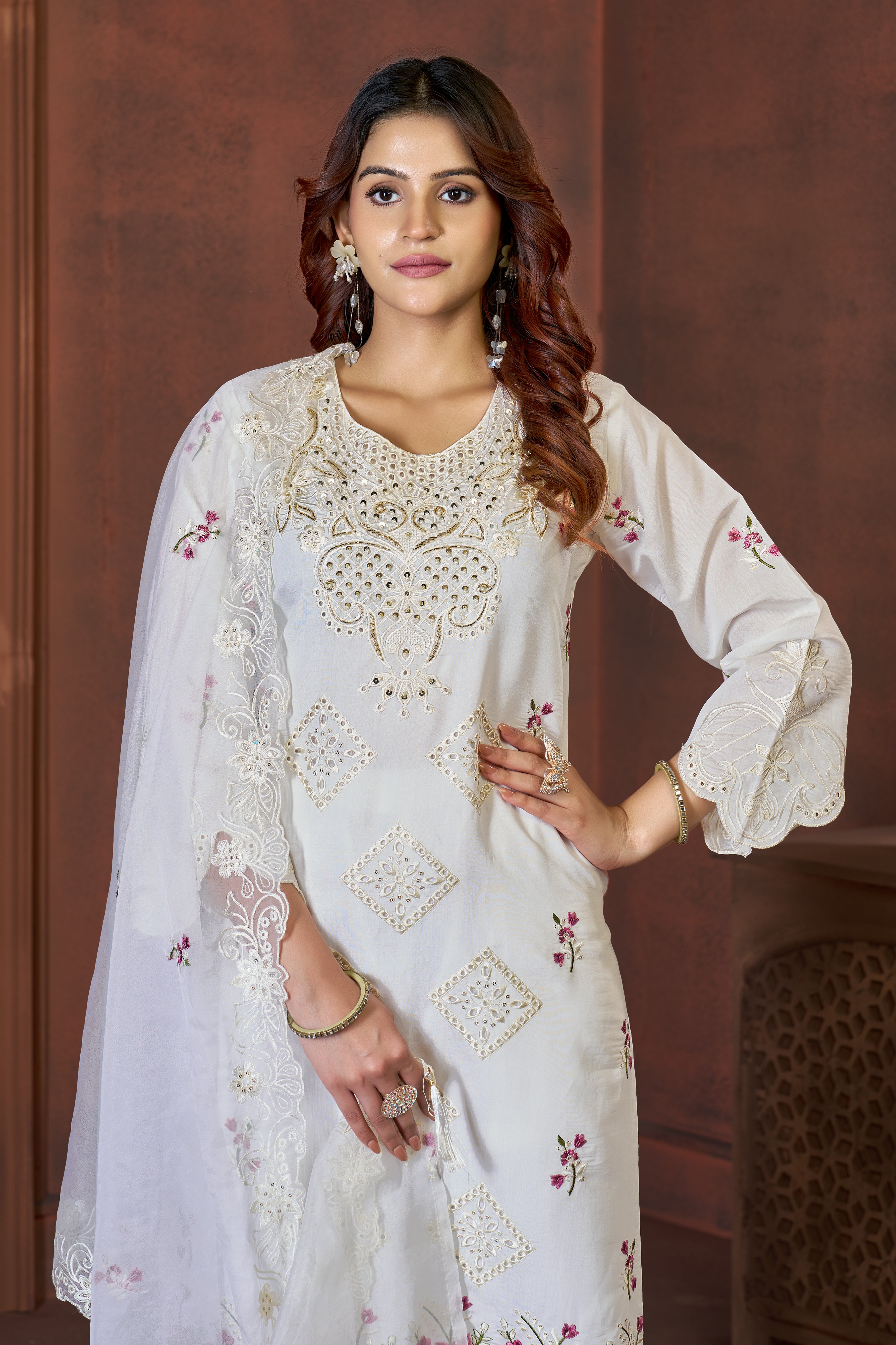 Heavy Viscose Roman Embroidered Straight Kurti Set – White