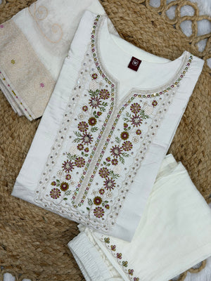 Pure Viscose Mango Silk Embroidered Straight Kurti Set – White