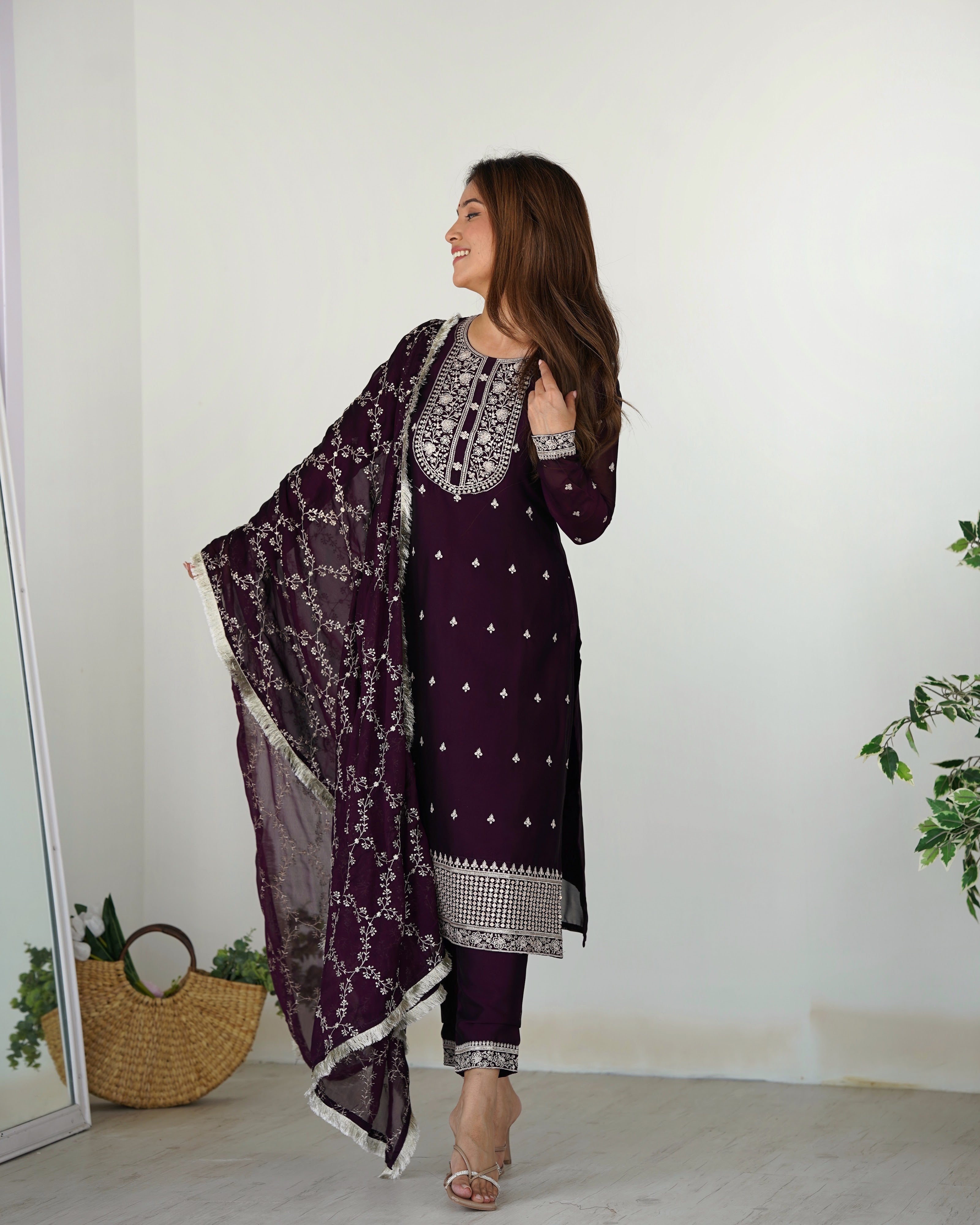 Rangoli Silk Embroidered Straight Kurta Set – Wine