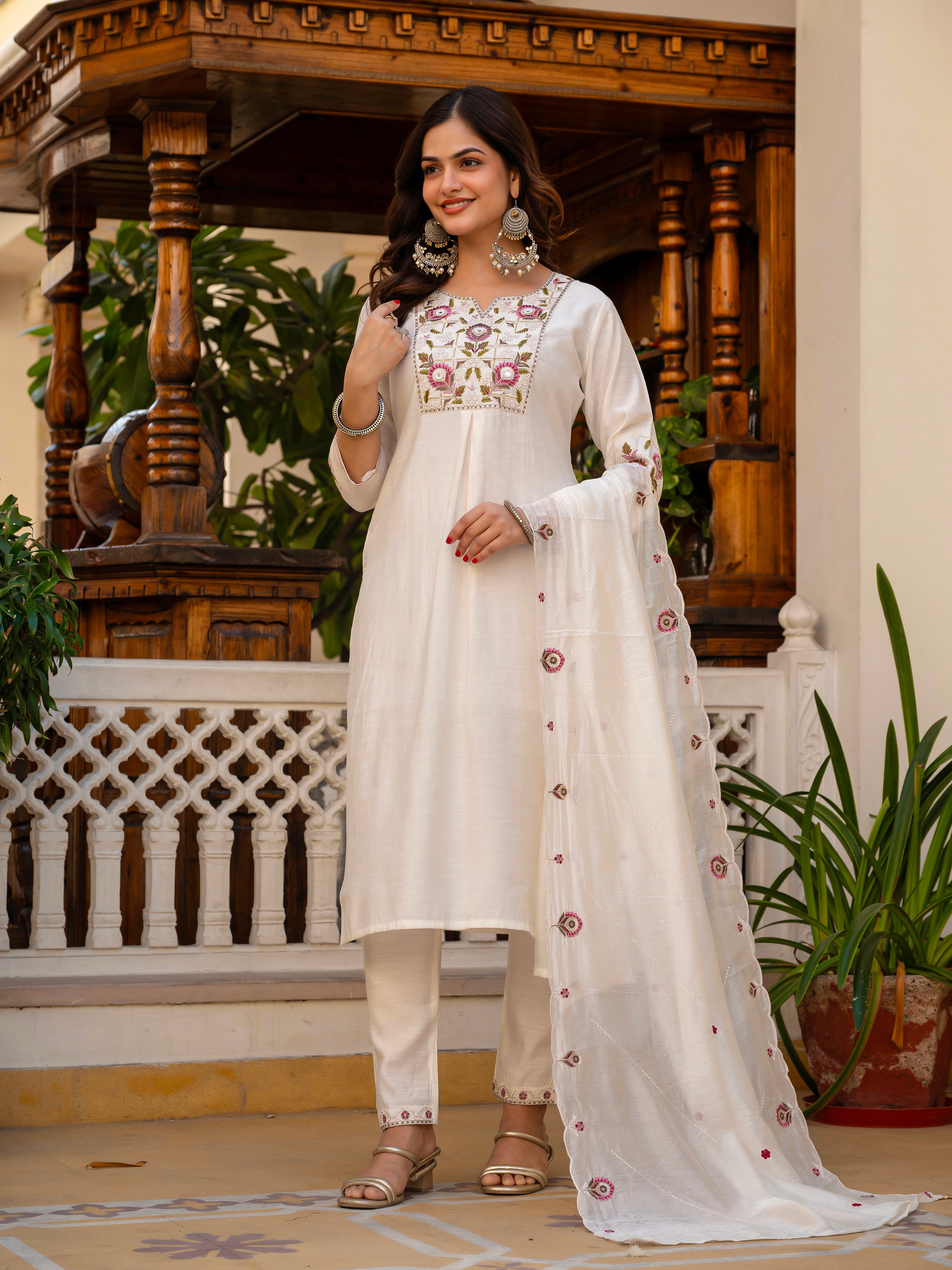 Pure Viscose Mango Silk Embroidered Straight Kurti Set – White