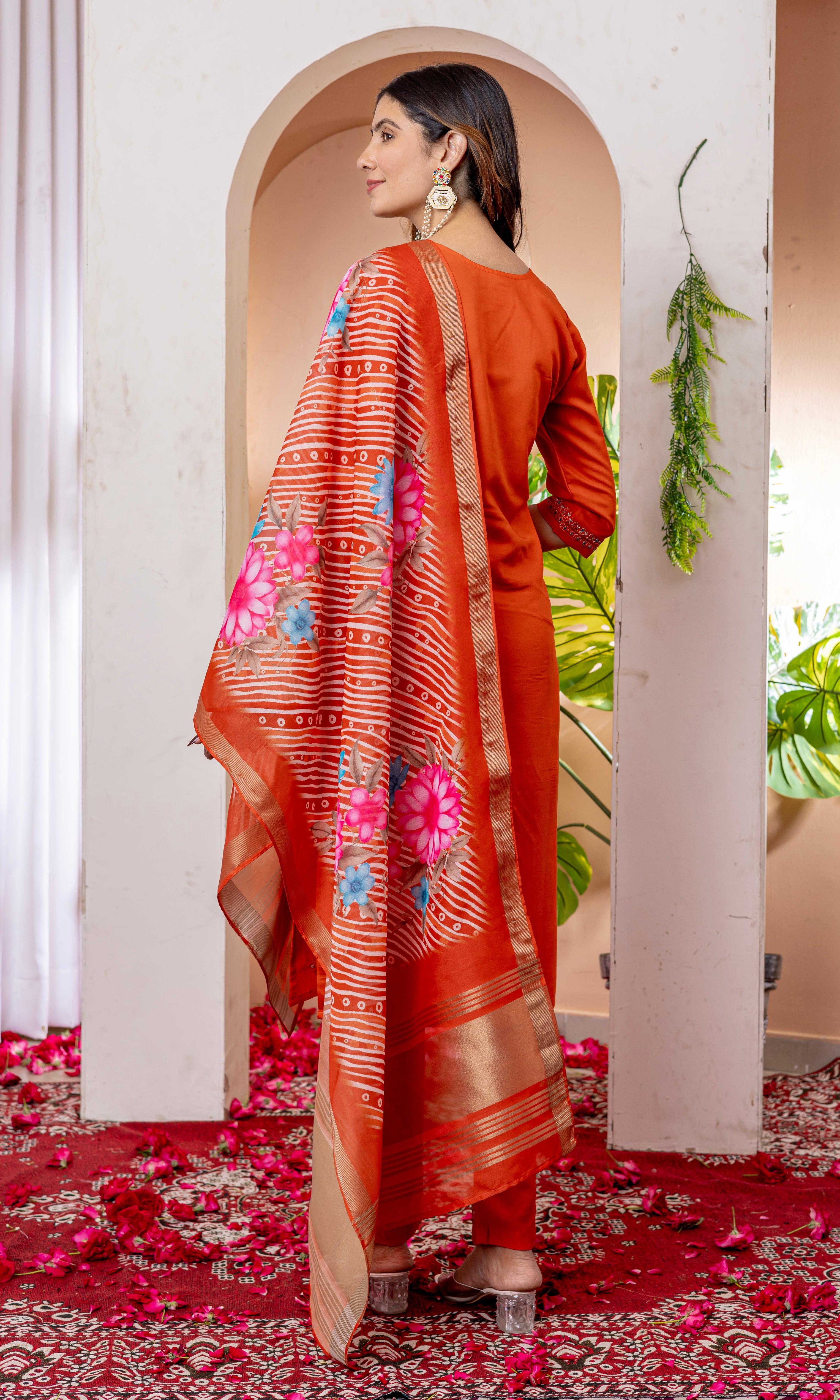 Marina Viscose Silk Embroidered Straight Kurti Set – Orange