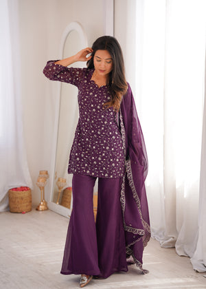 Crunchy Silk Embroidered Bell Bottom Set – Wine