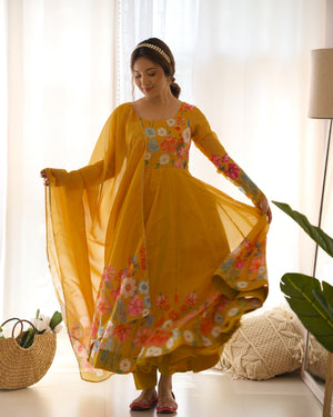 Organza Silk Printed Anarkali Set – Yellow