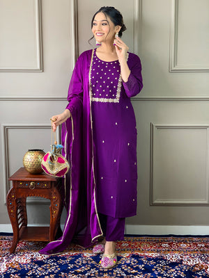 Rayon Slub Embroidered Kurta Pant Dupatta Set – Violet