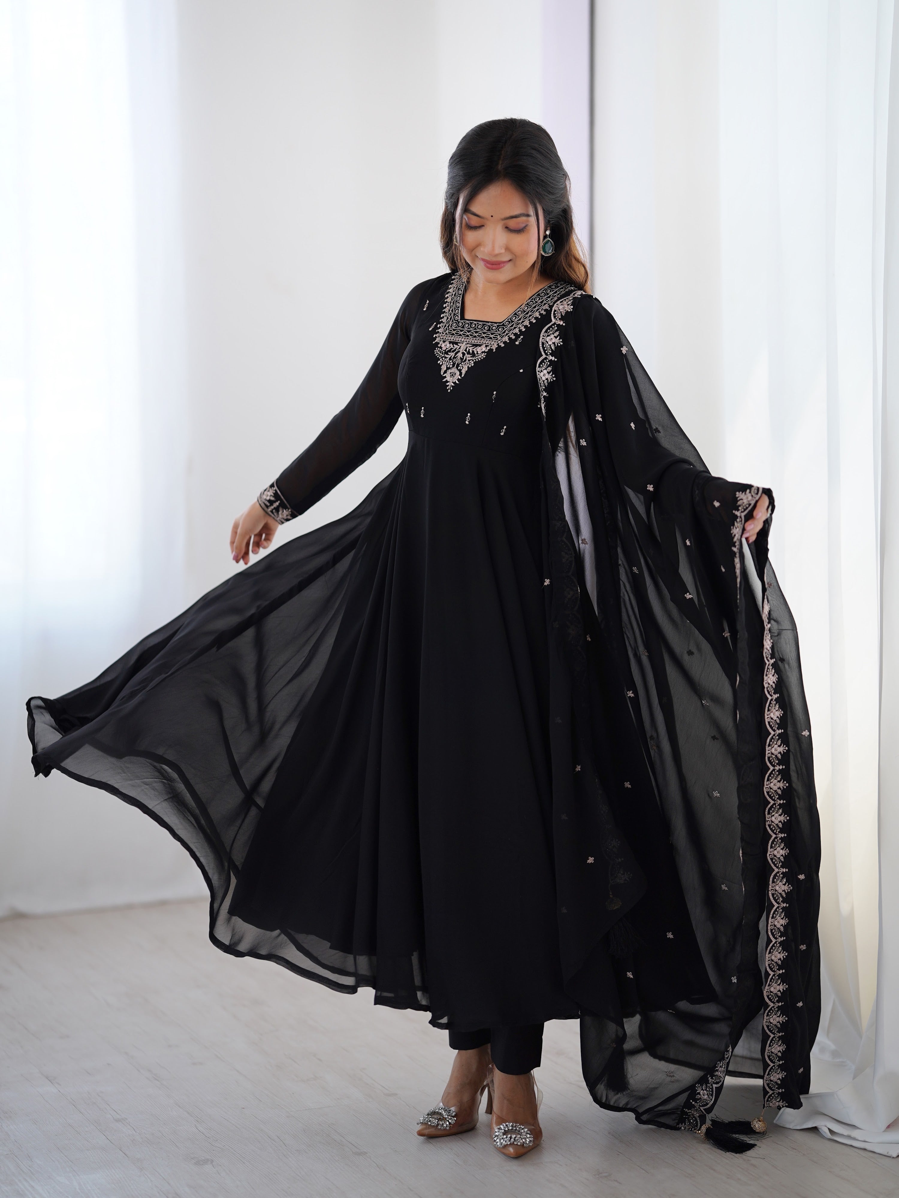 Georgette Embroidered Anarkali Set – Black