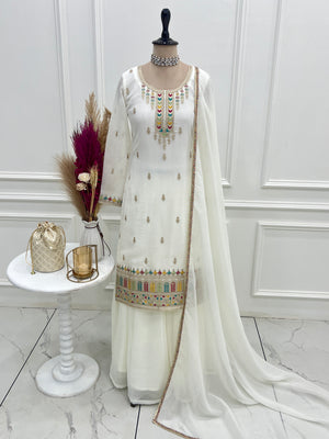 Crunchy Silk Embroidered Kurta-Sharara Set – White