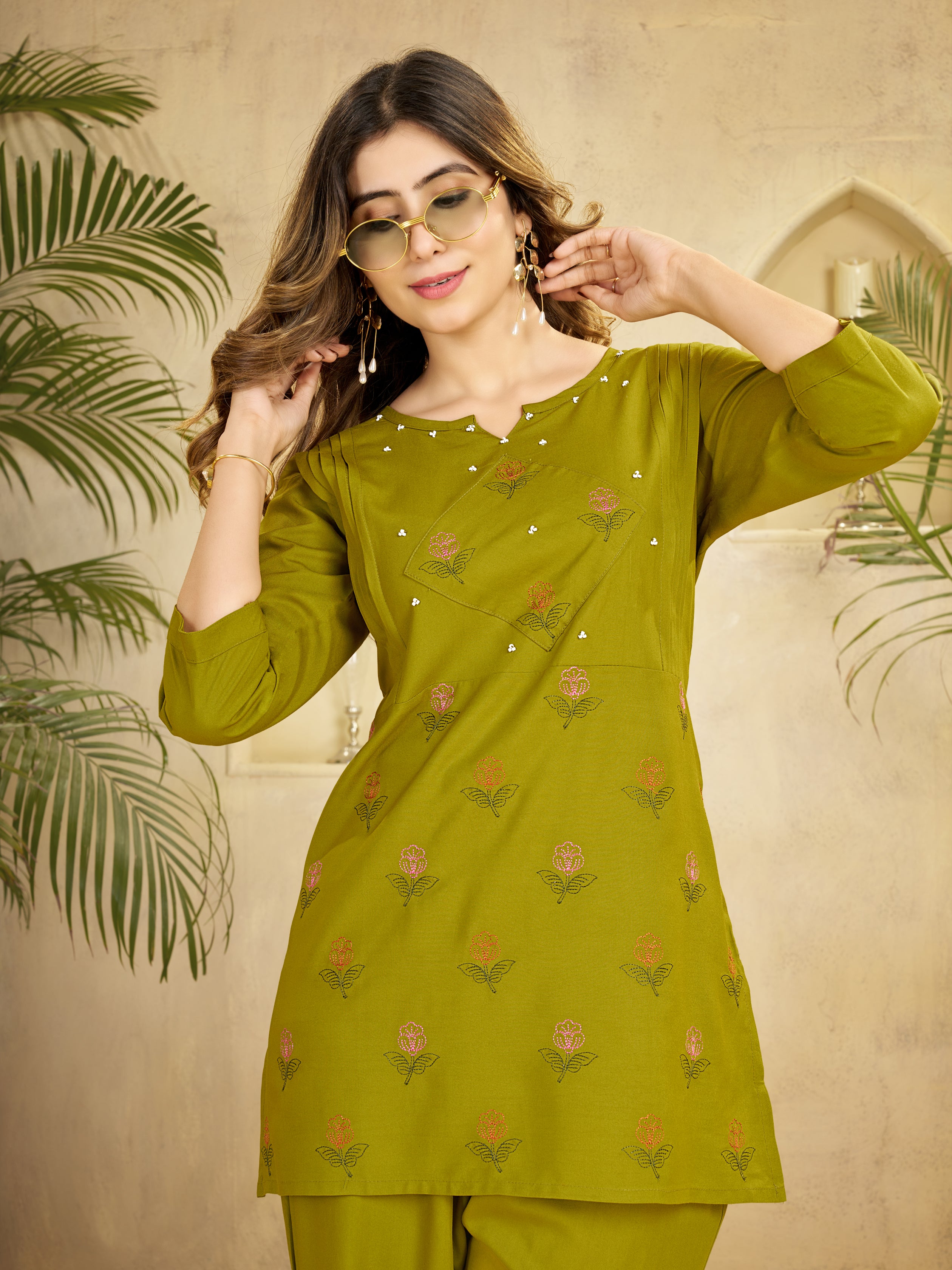 Heavy Rayon Embroidered Co-Ords Set – Mehndi
