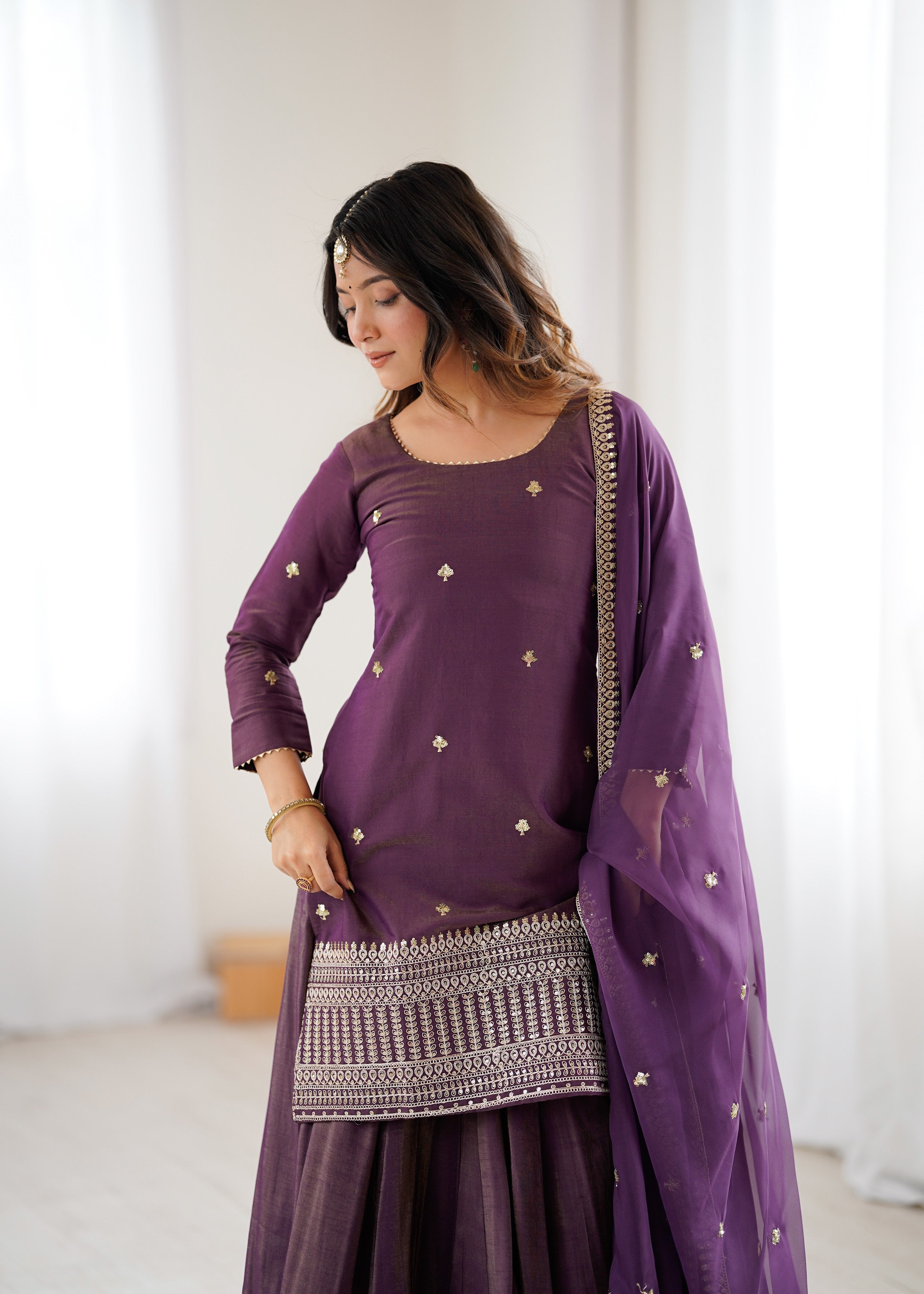 Roman Shimmer Silk Embroidered Top Set – Purple