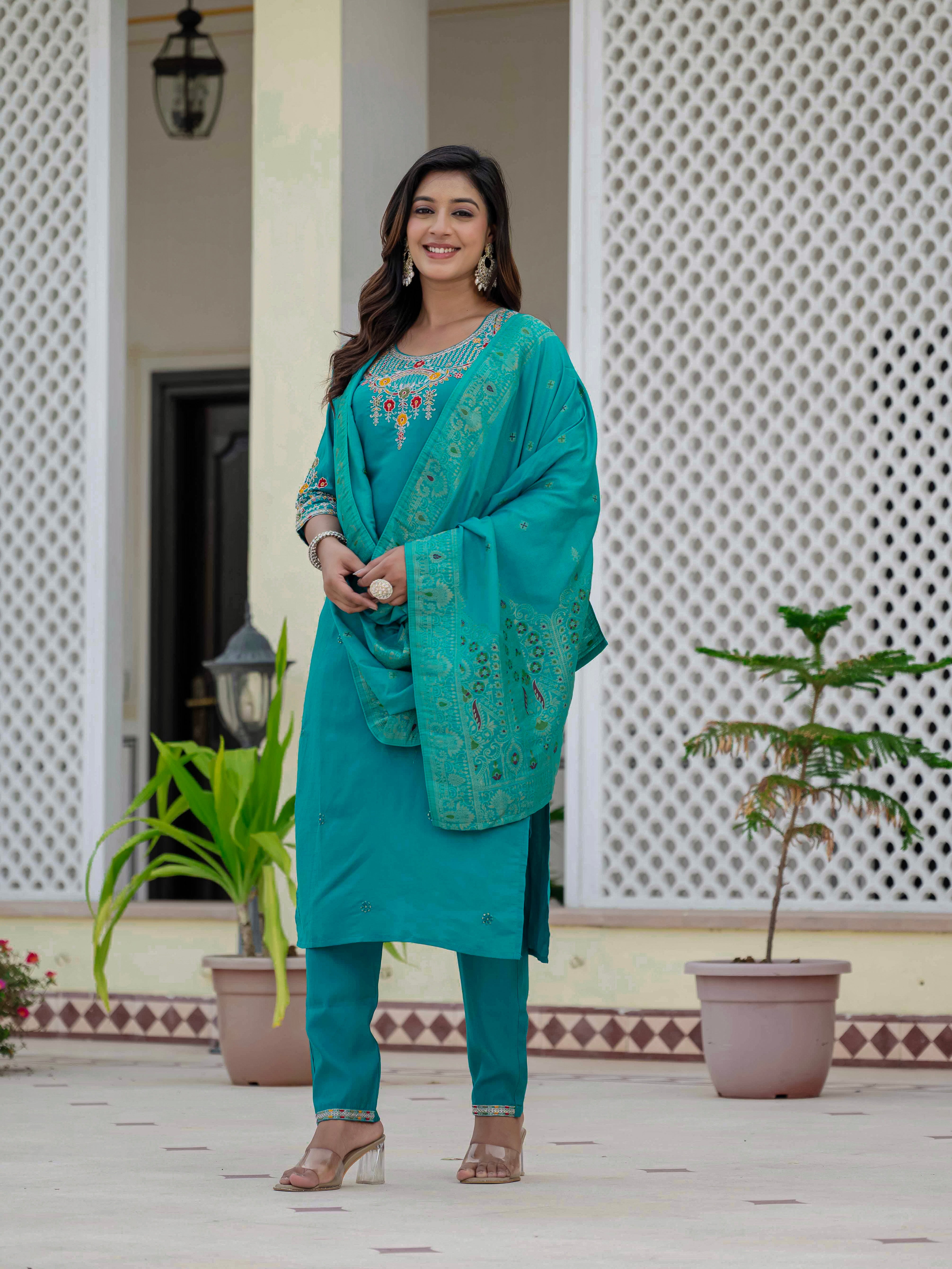 Premium Roman Silk Embroidered Straight Kurti Set – Firozi