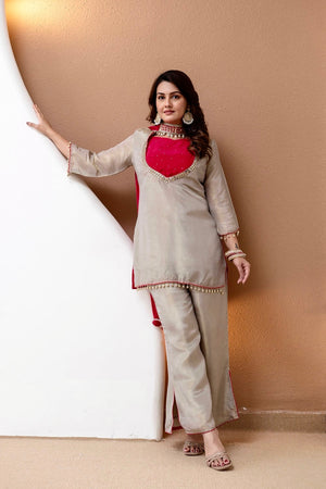 Roman Glass Silk Embroidered Kurti + Blouse + Palazzo Set – Ivory & Rani Pink