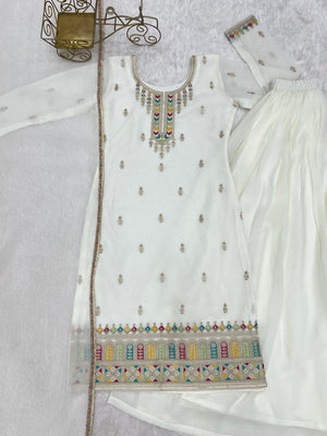 Crunchy Silk Embroidered Kurta-Sharara Set – White