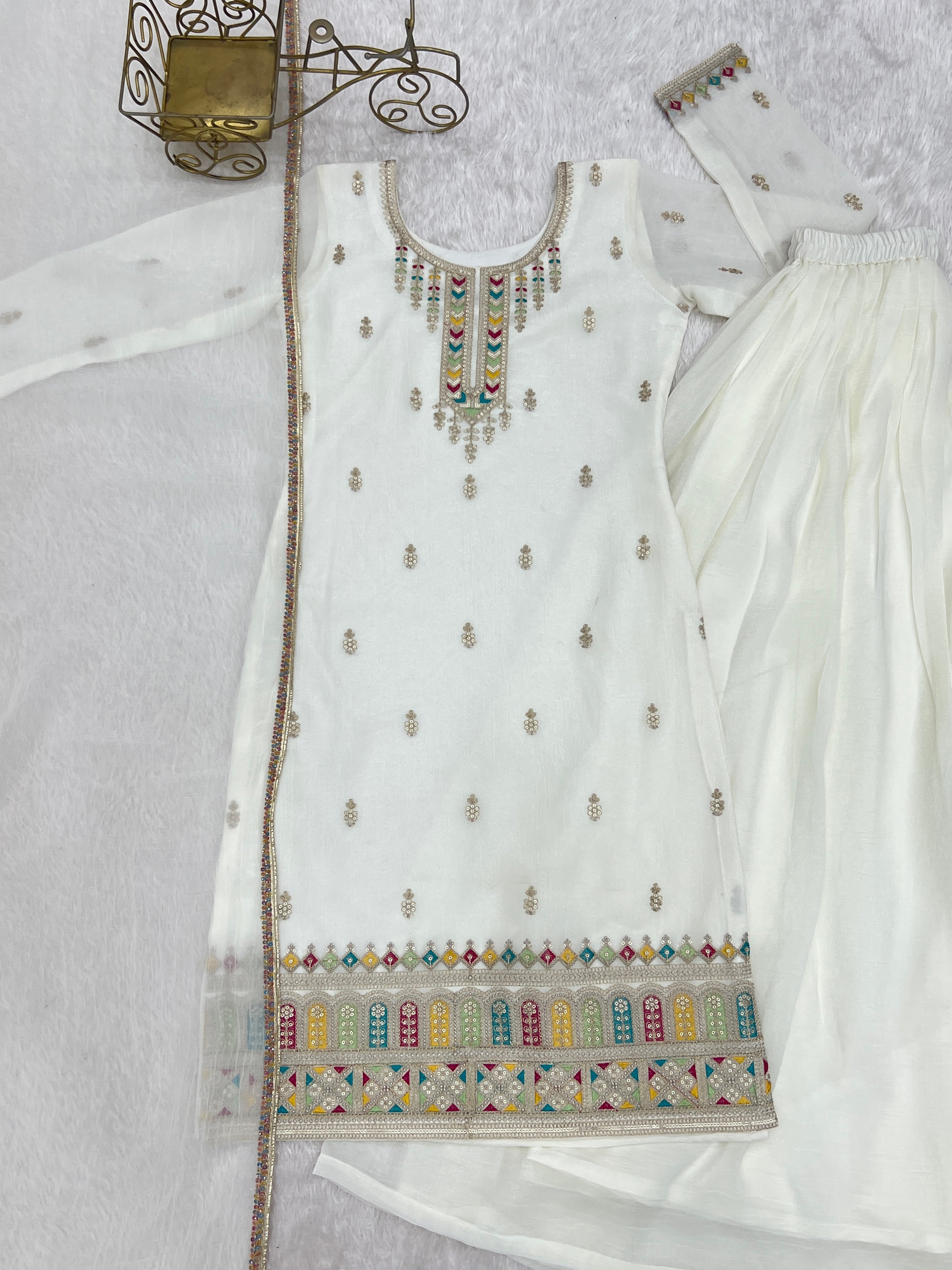 Crunchy Silk Embroidered Kurta-Sharara Set – White