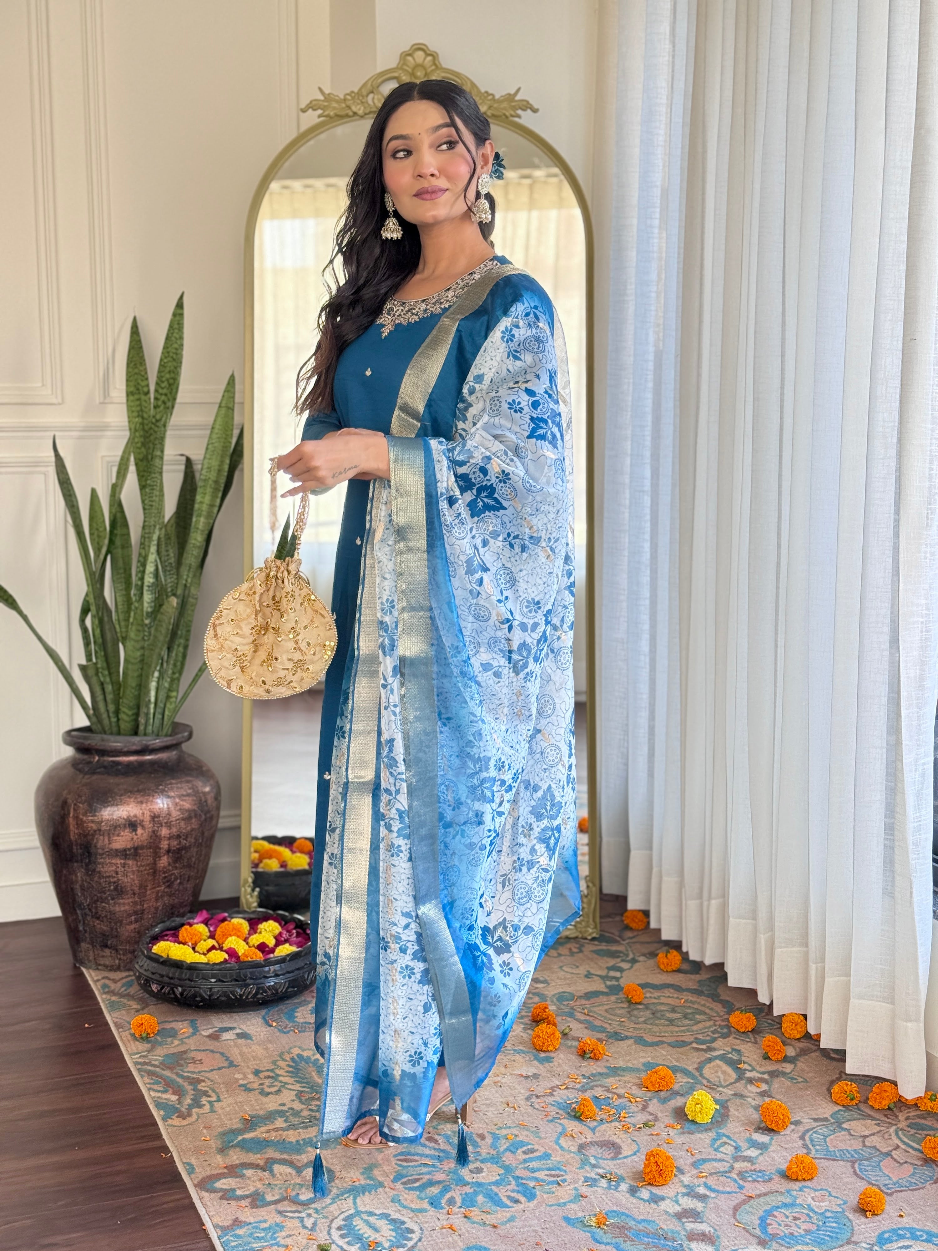 Roman Silk Embroidered Kurta Pant Dupatta Set – Sky Blue