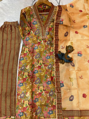 Zarna Silk Embroidered Straight Kurti Set – Cocoa Brown