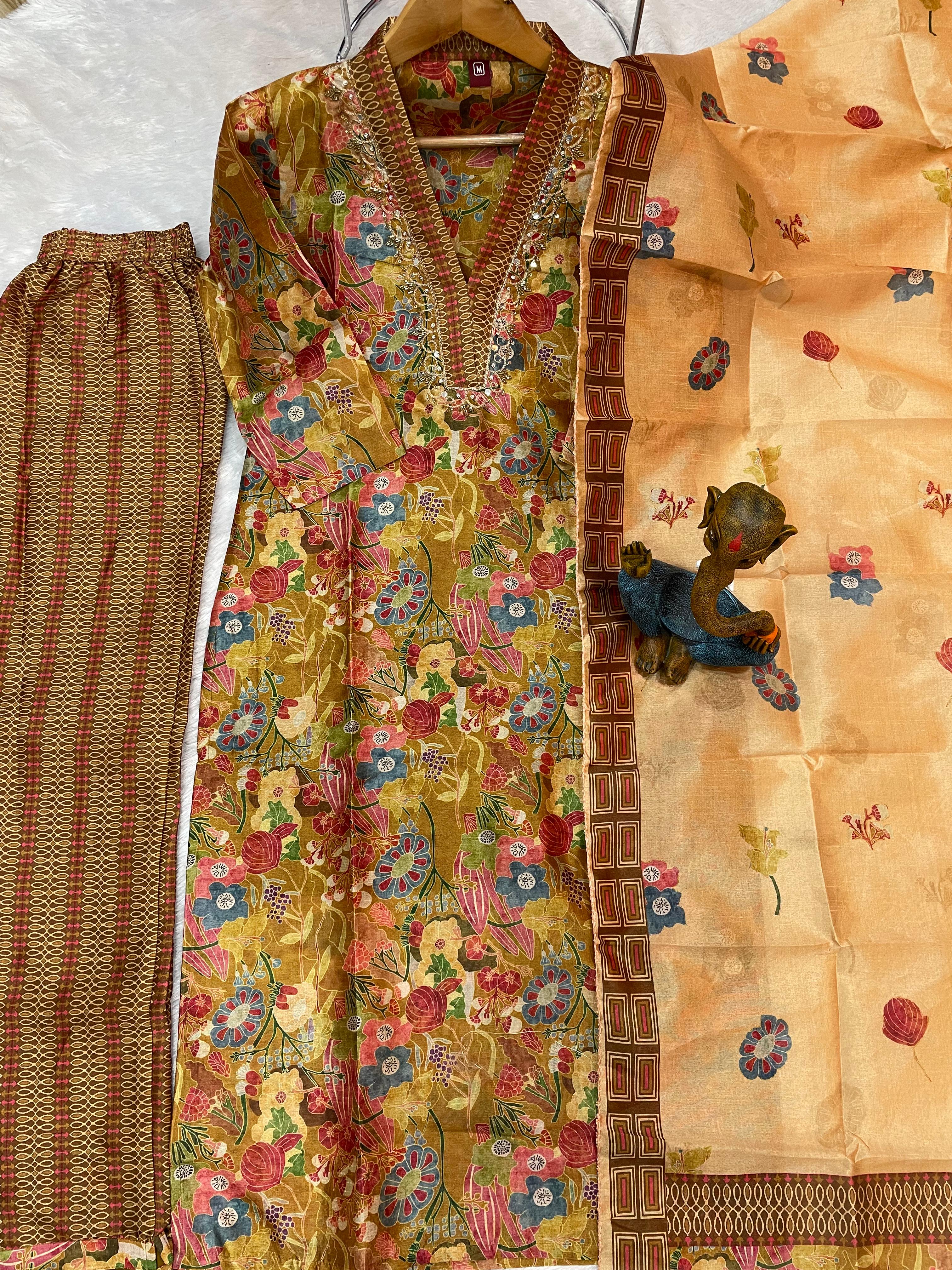 Zarna Silk Embroidered Straight Kurti Set – Cocoa Brown