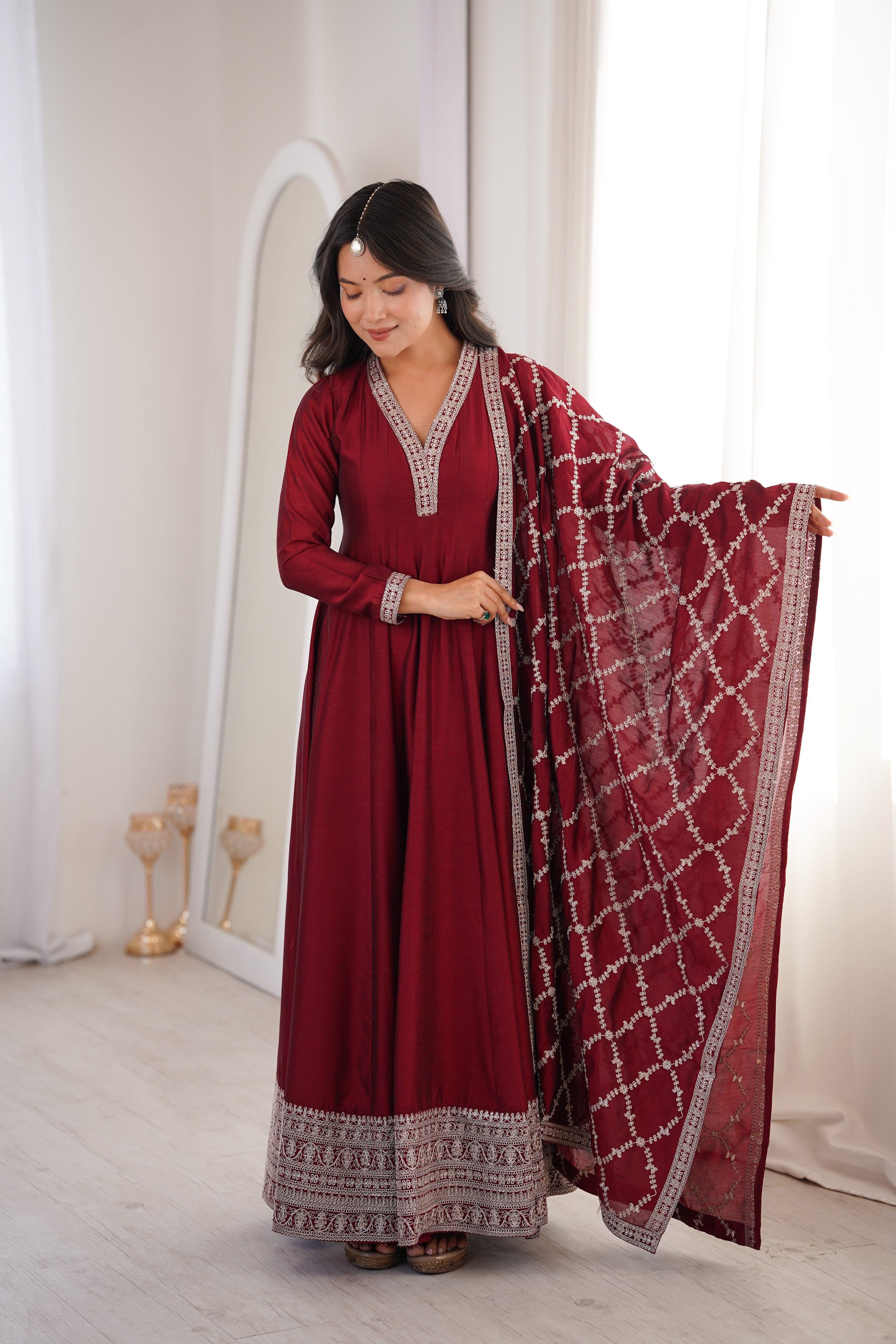 Vichitra Silk Embroidered Gown Set – Maroon