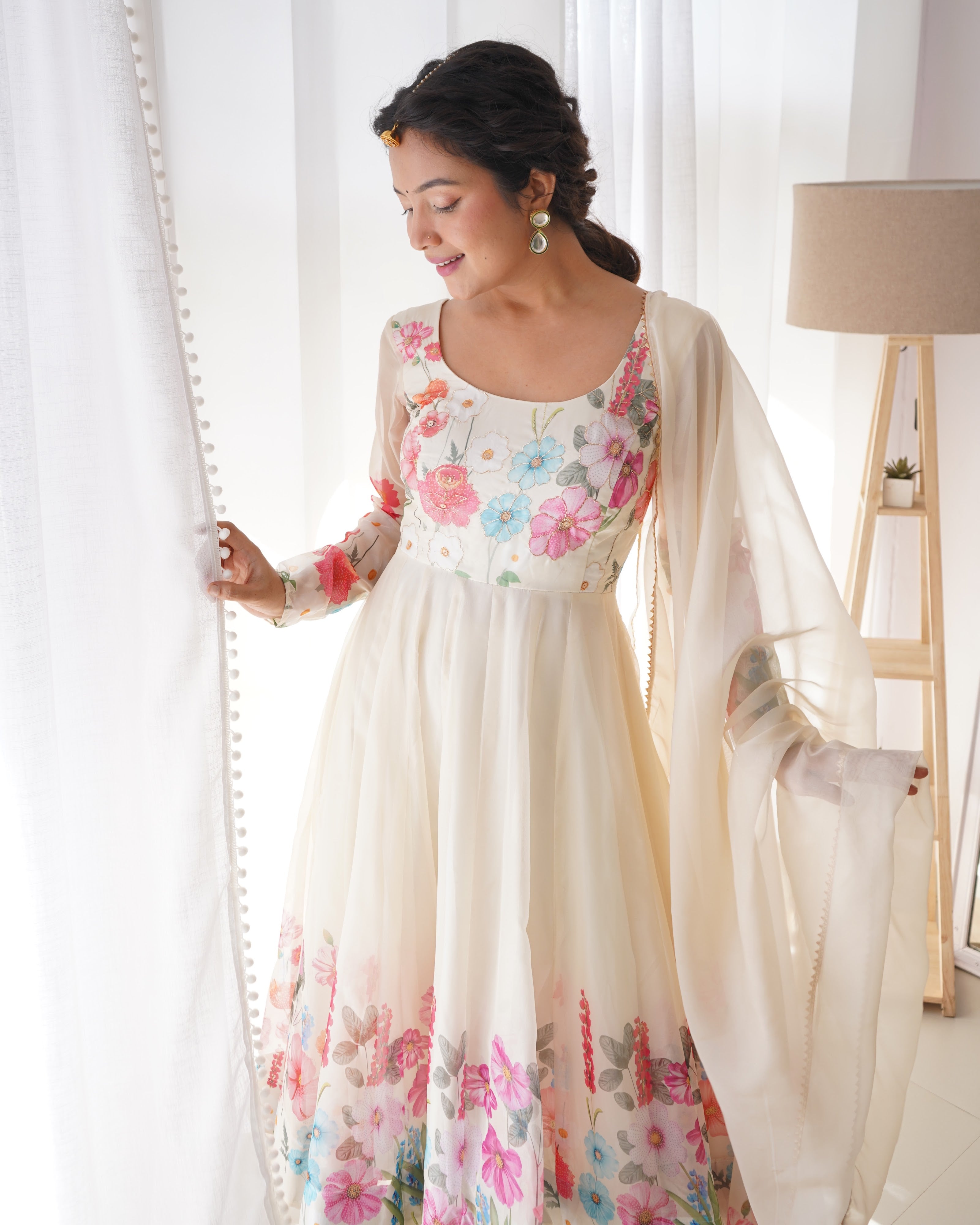 Organza Silk Printed Anarkali Set – Cream