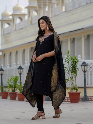Premium Roman Silk Embroidered Straight Kurti Set – Black