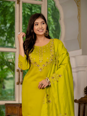 Marina Silk Embroidered Straight Kurti Set – Mustard Yellow
