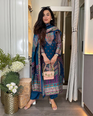 Rayon Printed Kurta Pant Dupatta Set – Navy Blue