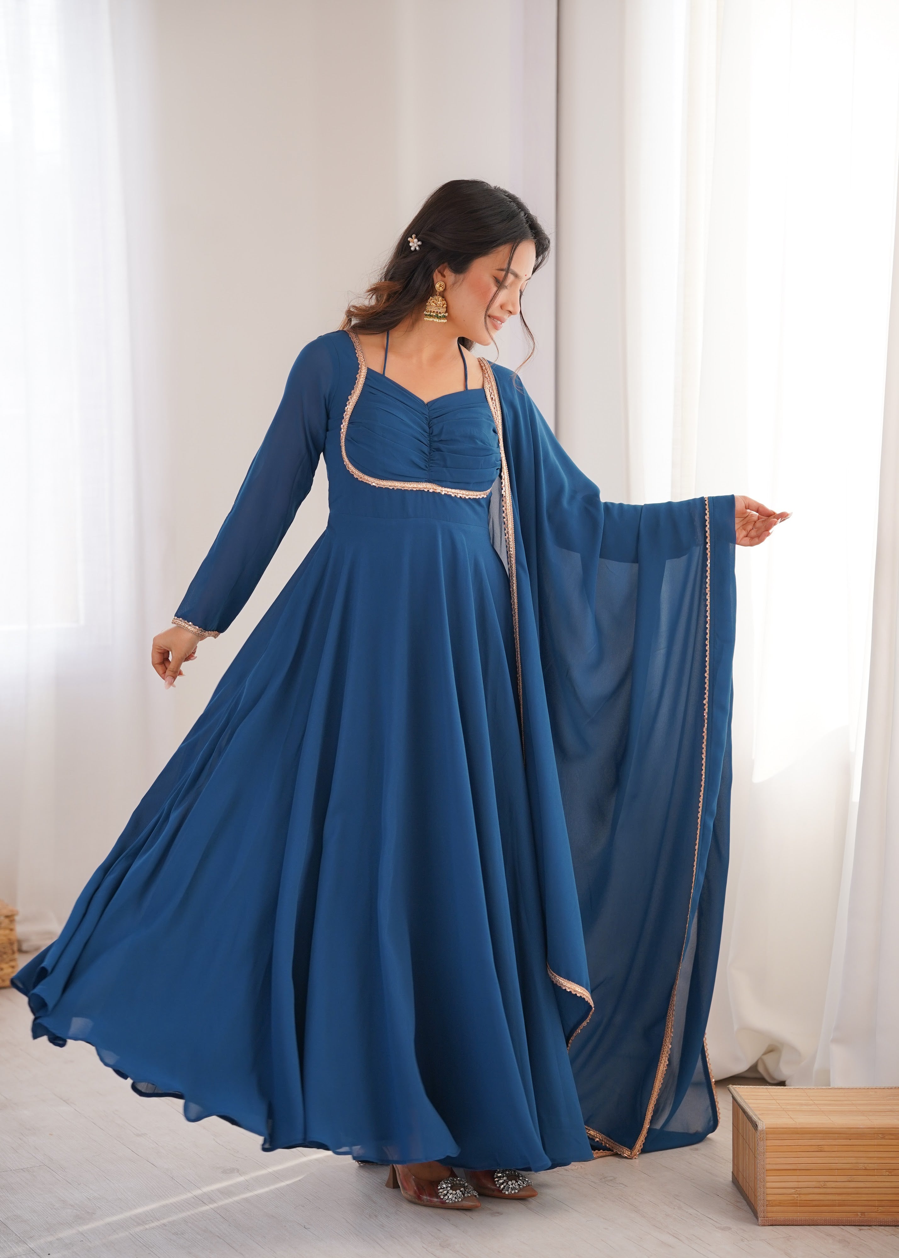 Georgette Embroidered Gown Set – Teal Blue
