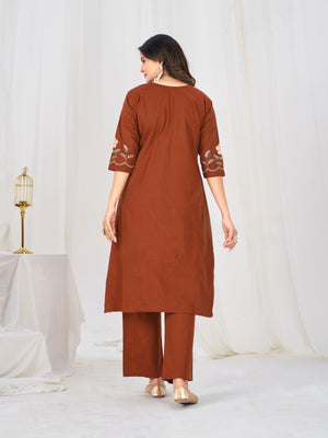 Pure Cotton Embroidered Anarkali Kurti Set – Rust