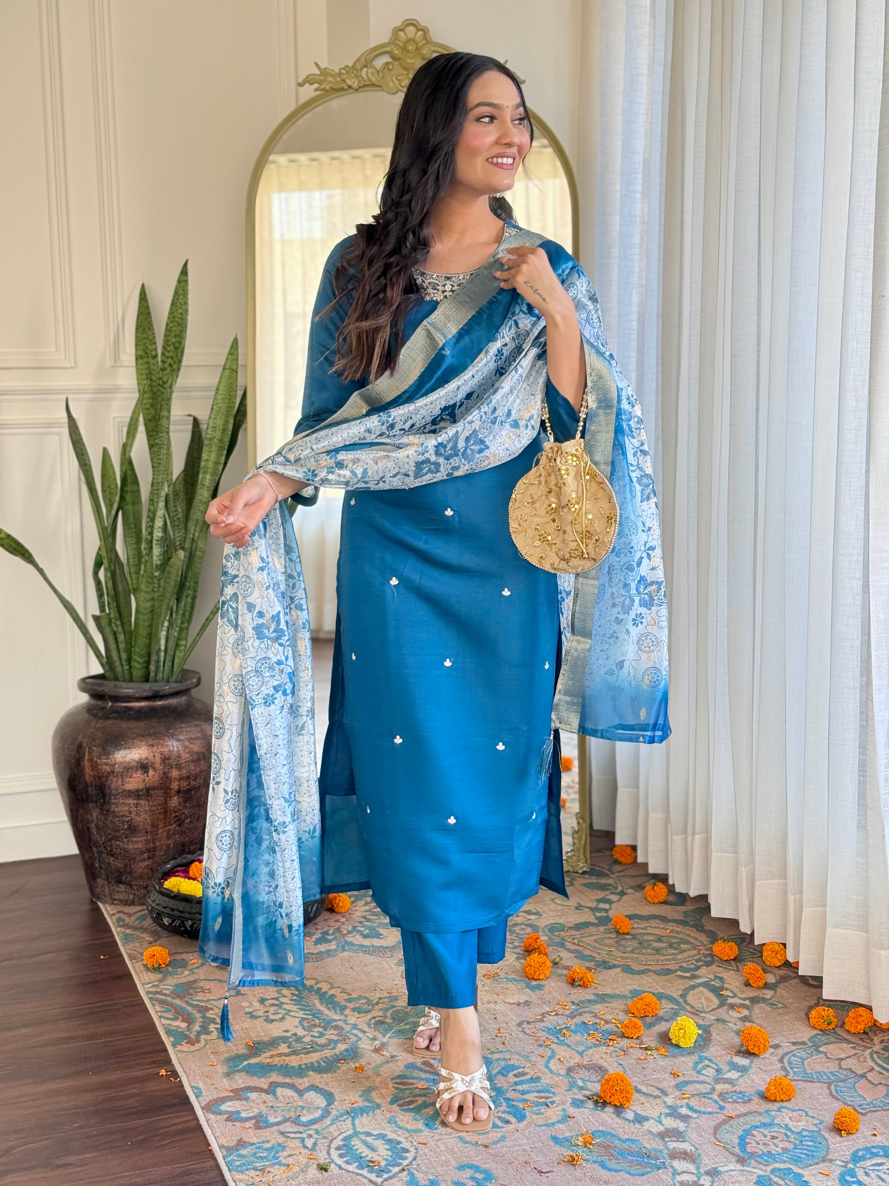 Roman Silk Embroidered Kurta Pant Dupatta Set – Sky Blue