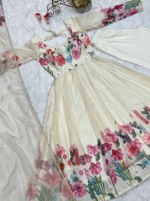 Organza Silk Printed Anarkali Set – Cream