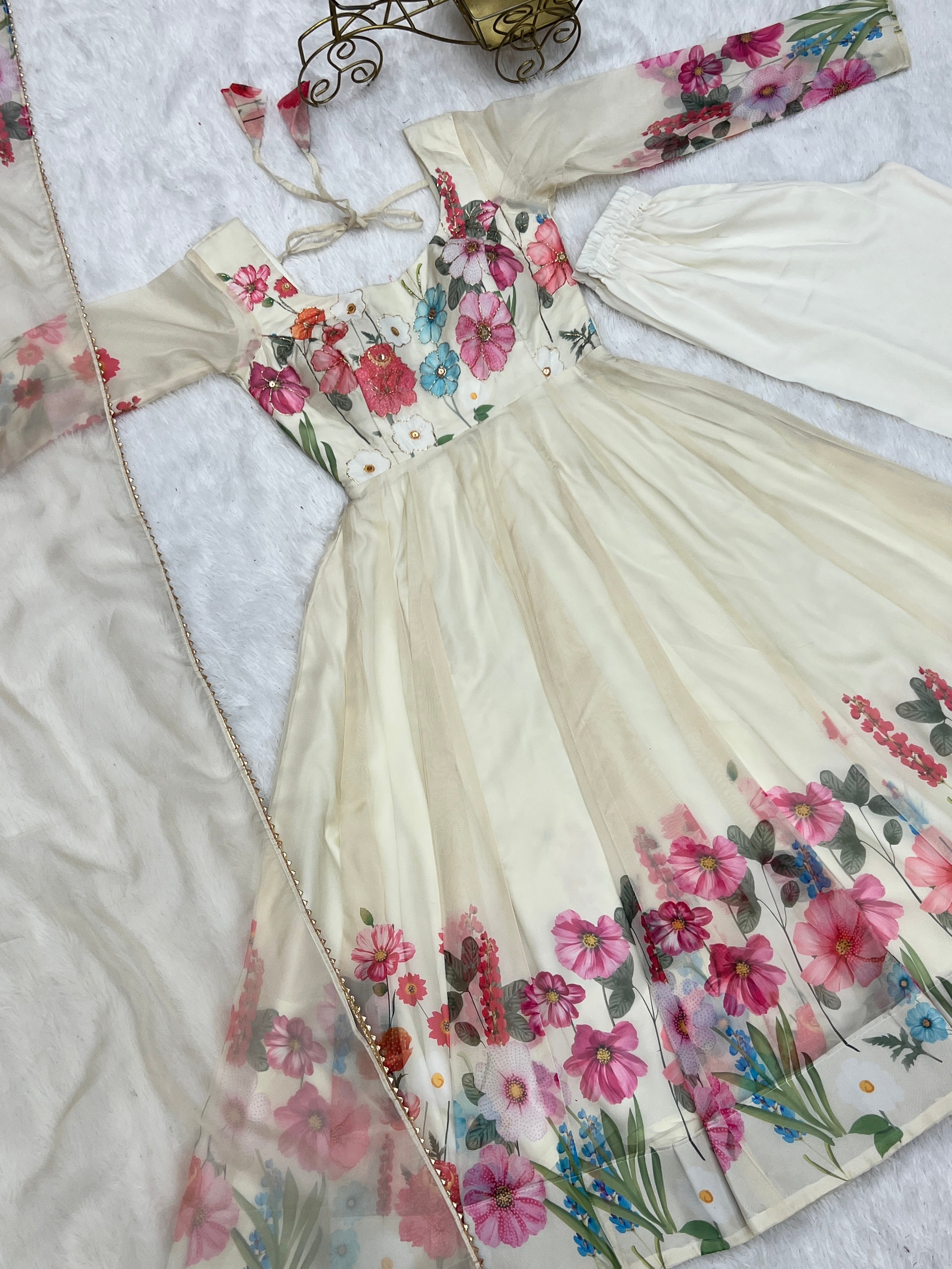 Organza Silk Printed Anarkali Set – Cream
