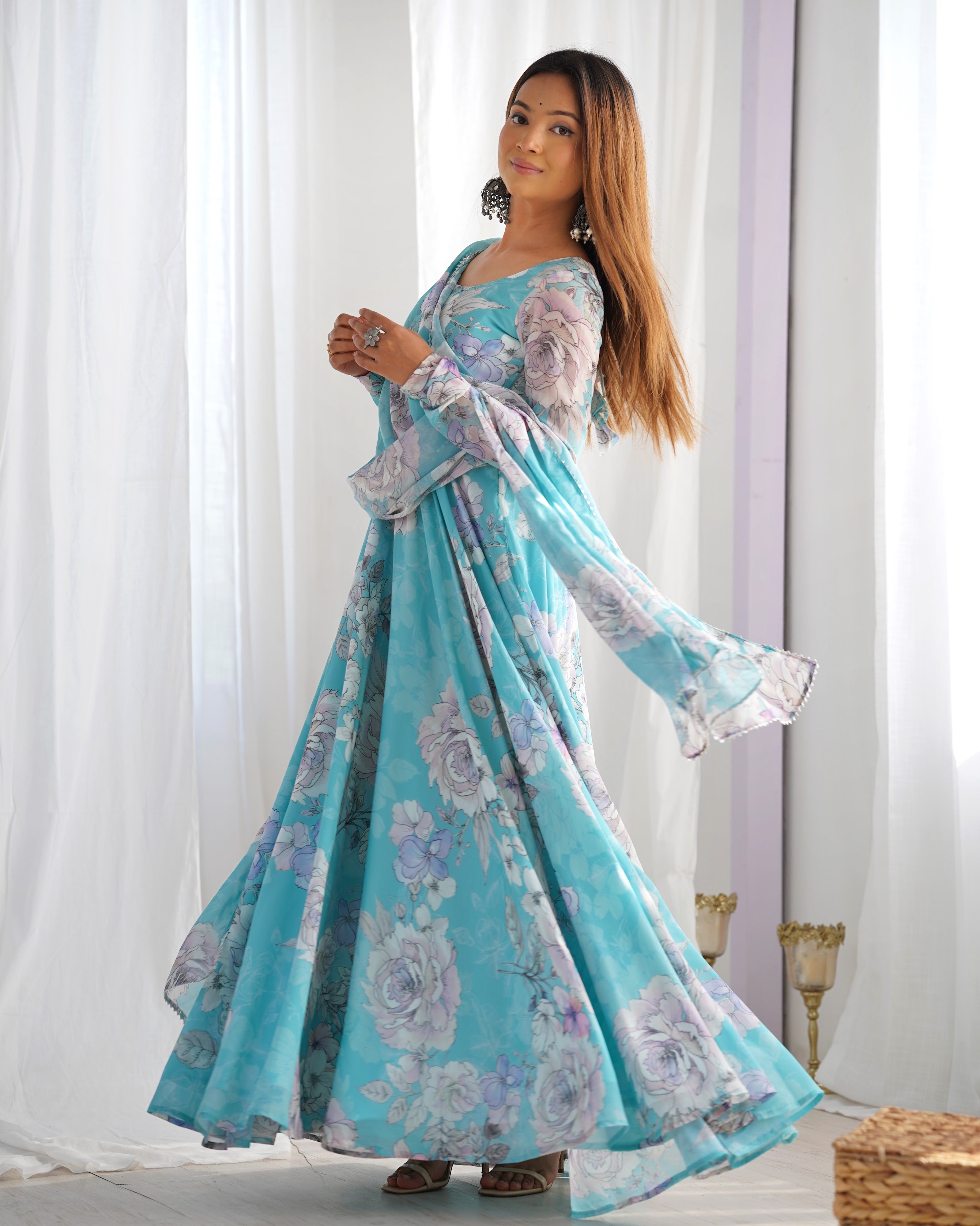 Georgette Printed Gown Set – Sky Blue Floral