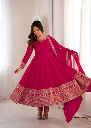 Vichitra Silk Embroidered Anarkali Set – Rani Pink