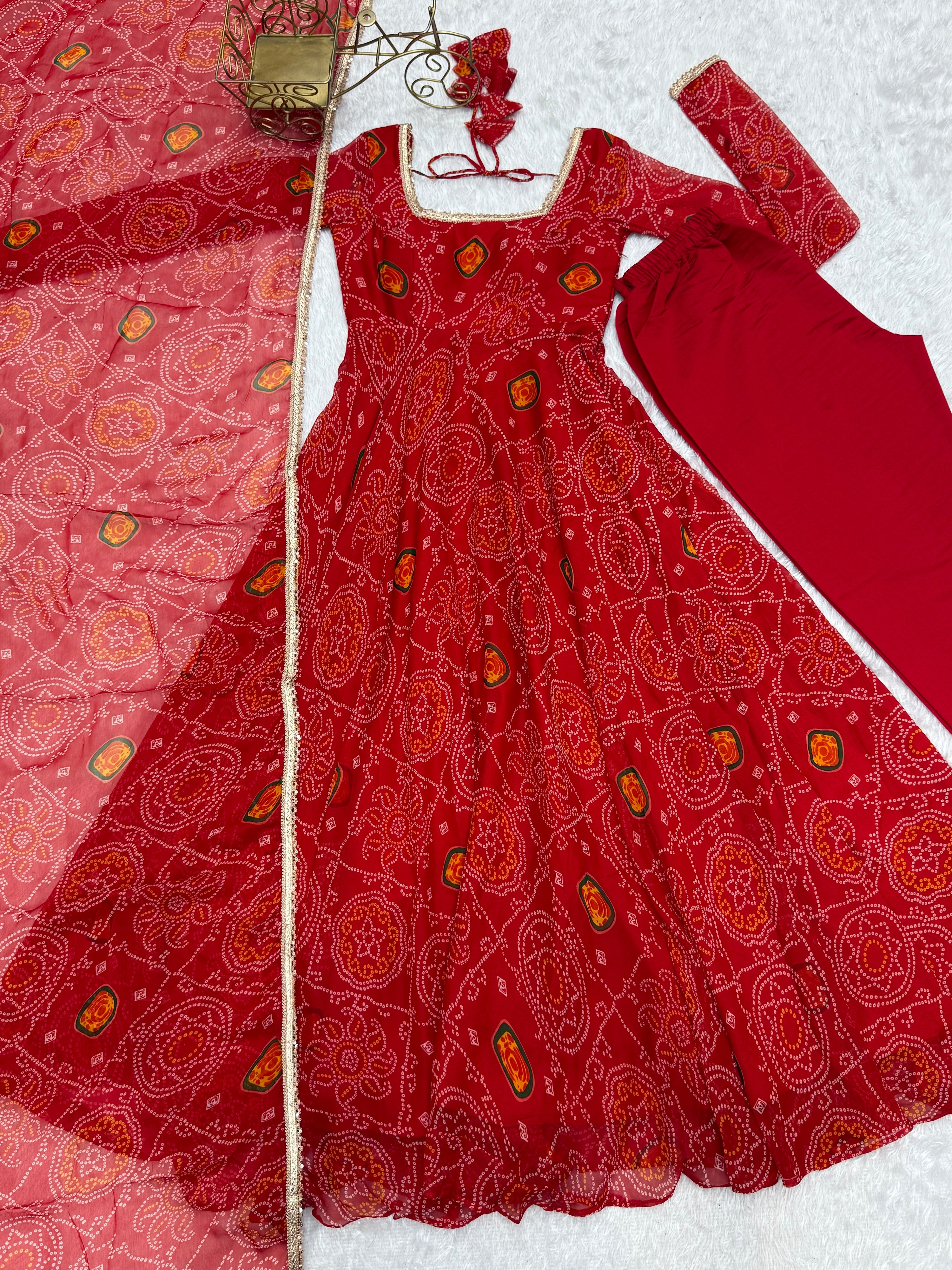 Soft Lightweight Chiffon Bandhej Fabric Inner Micro Cotton Embroidered Anarkali Set – Orange