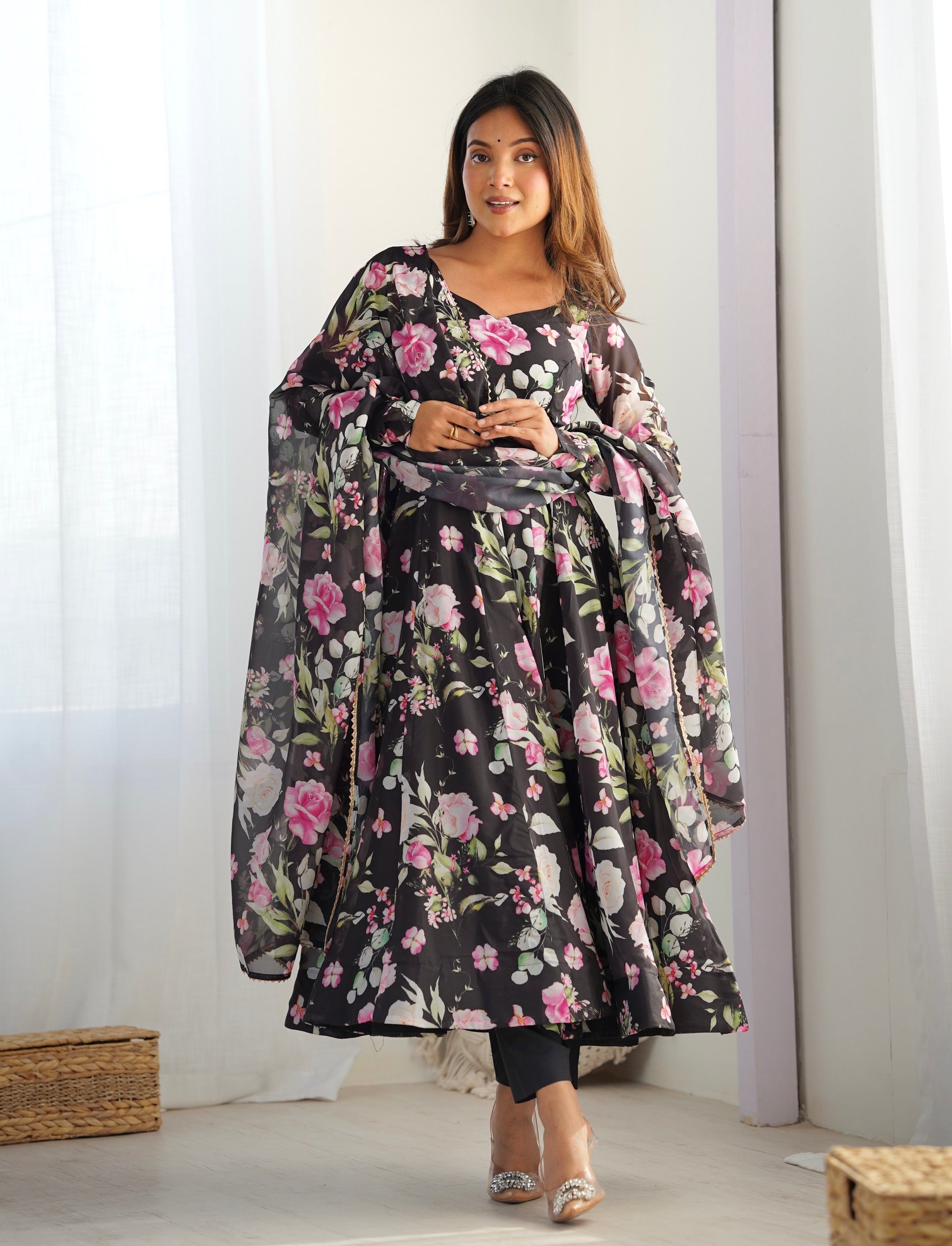 Organza Silk Printed Anarkali Set – Black