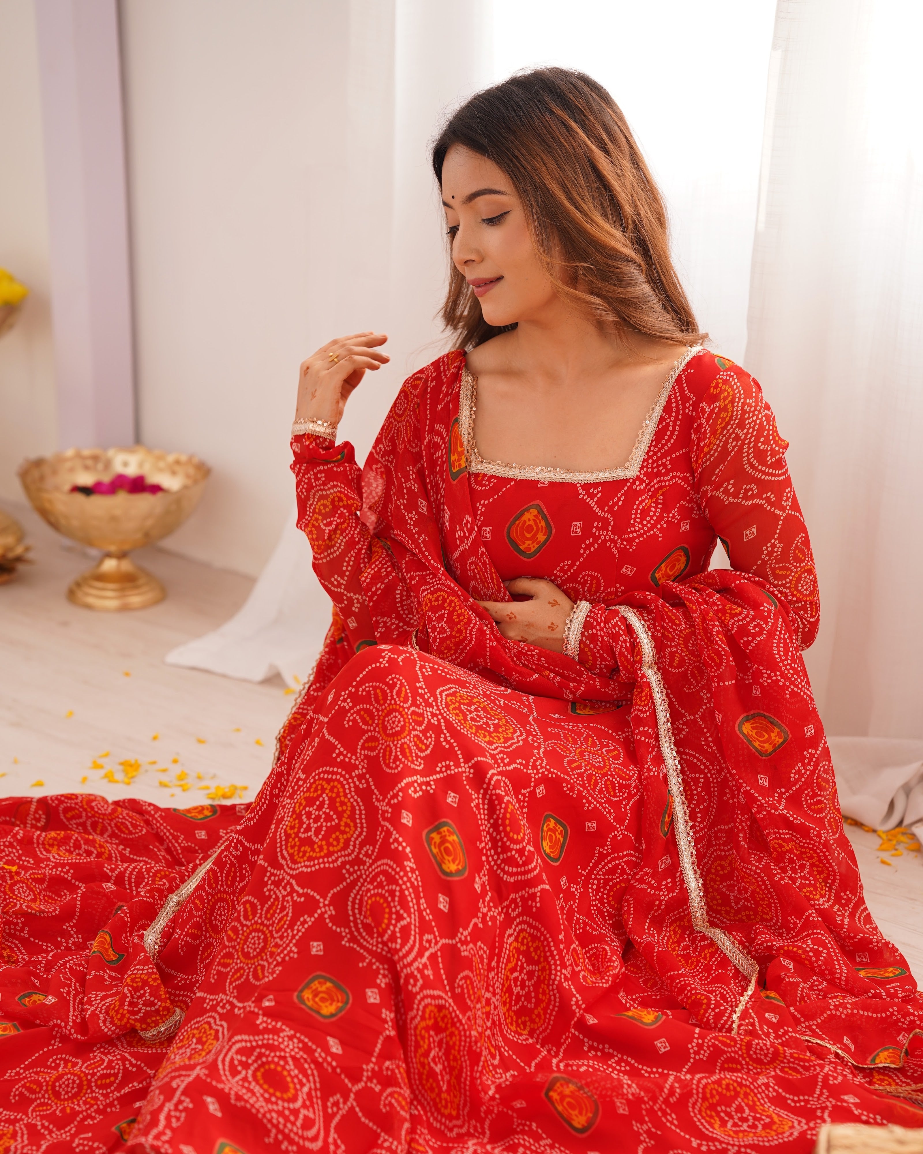 Soft Lightweight Chiffon Bandhej Fabric Inner Micro Cotton Embroidered Anarkali Set – Orange