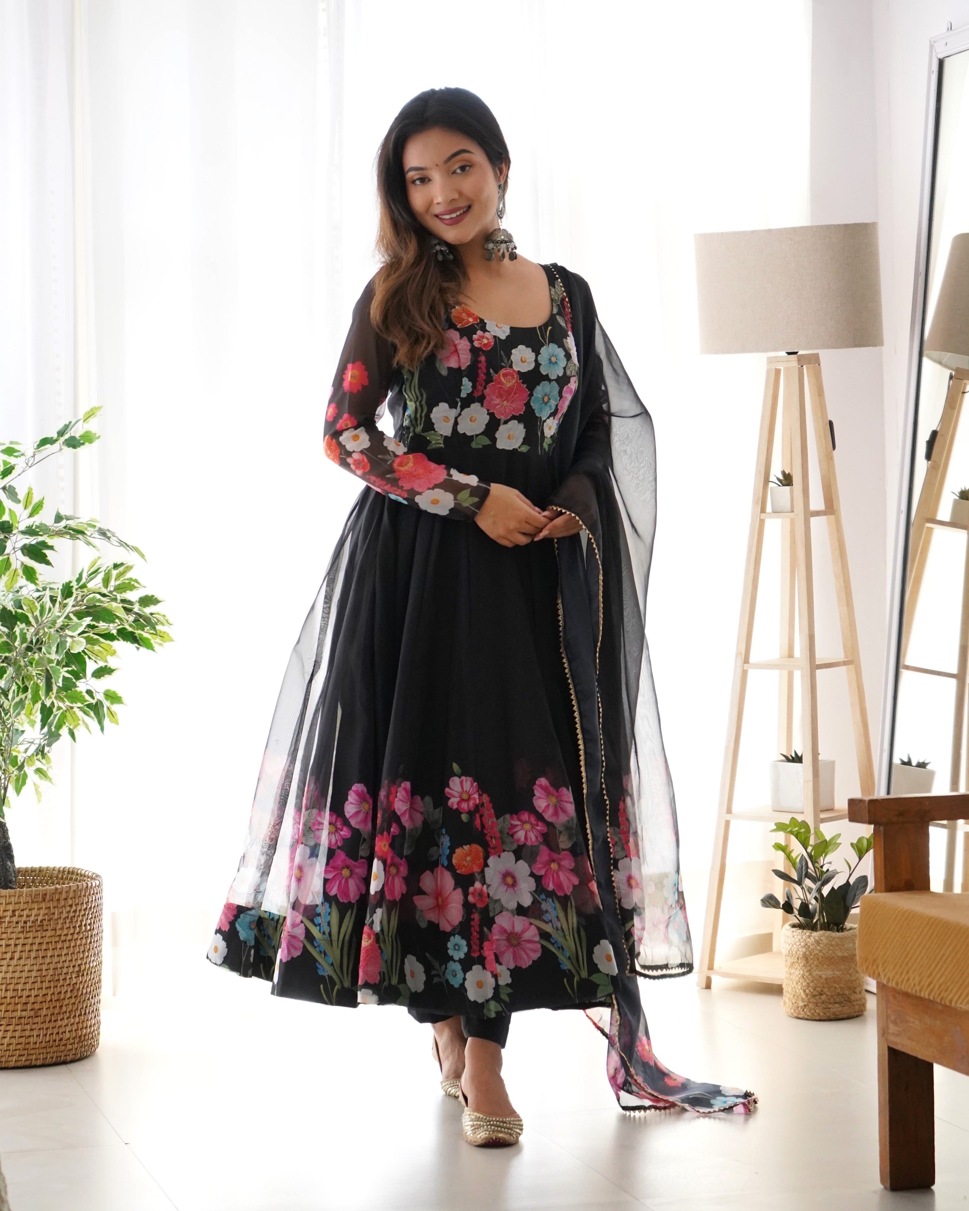Organza Silk Printed Anarkali Set – Black