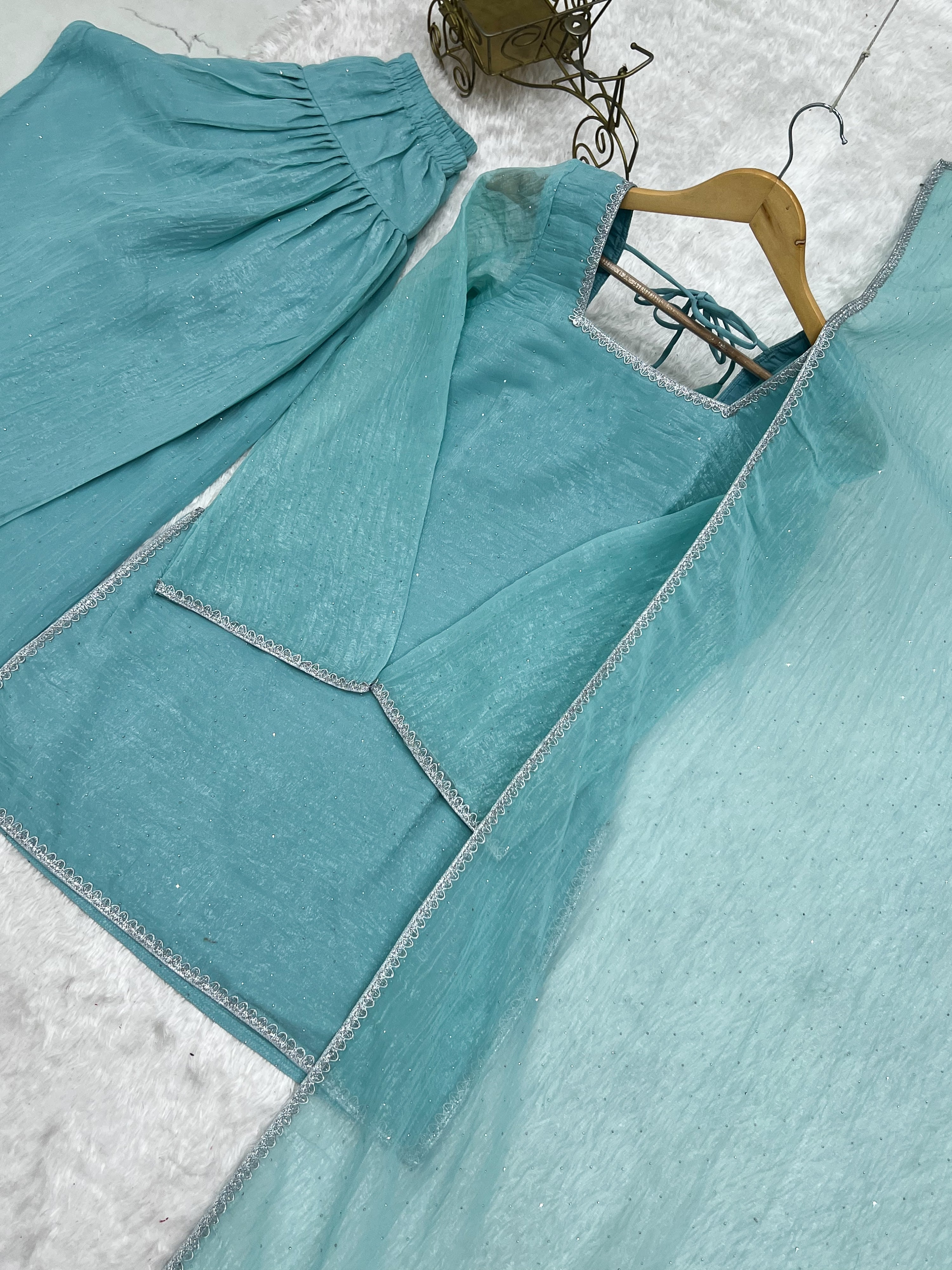 Crunchy Silk Embroidered Farshi Salwar Set – Sky