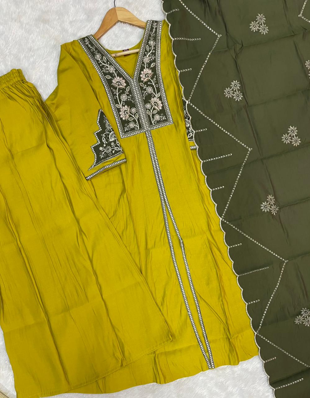 Roman Silk Embroidered Anarkali Kurti Set – Mustard