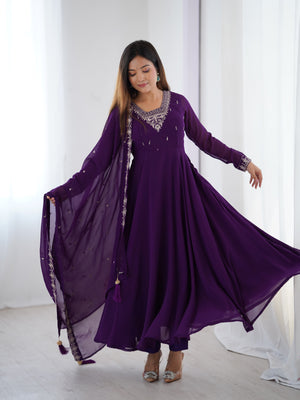 Georgette Embroidered Anarkali Set – Purple