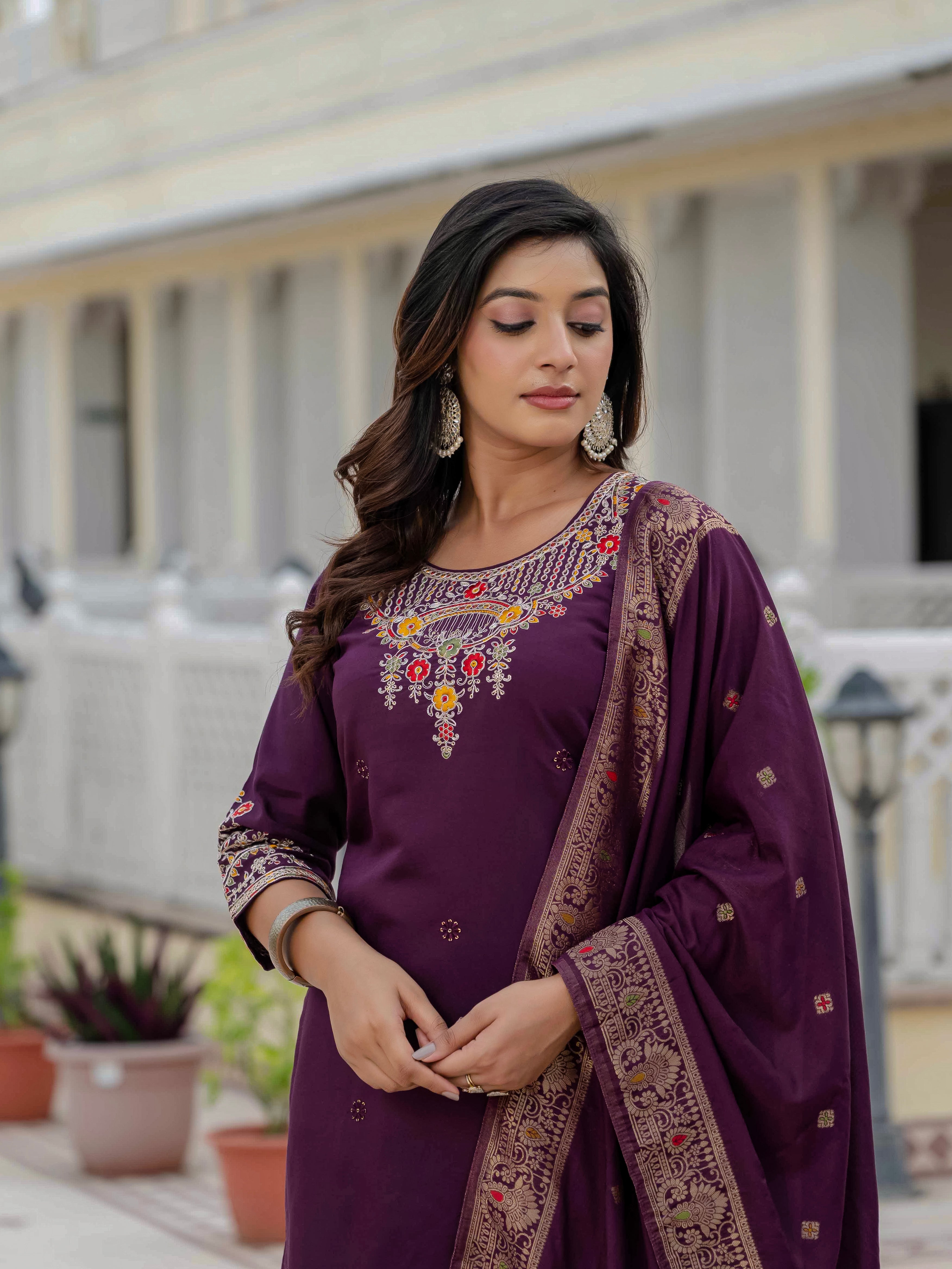 Premium Roman Silk Embroidered Straight Kurti Set – Wine