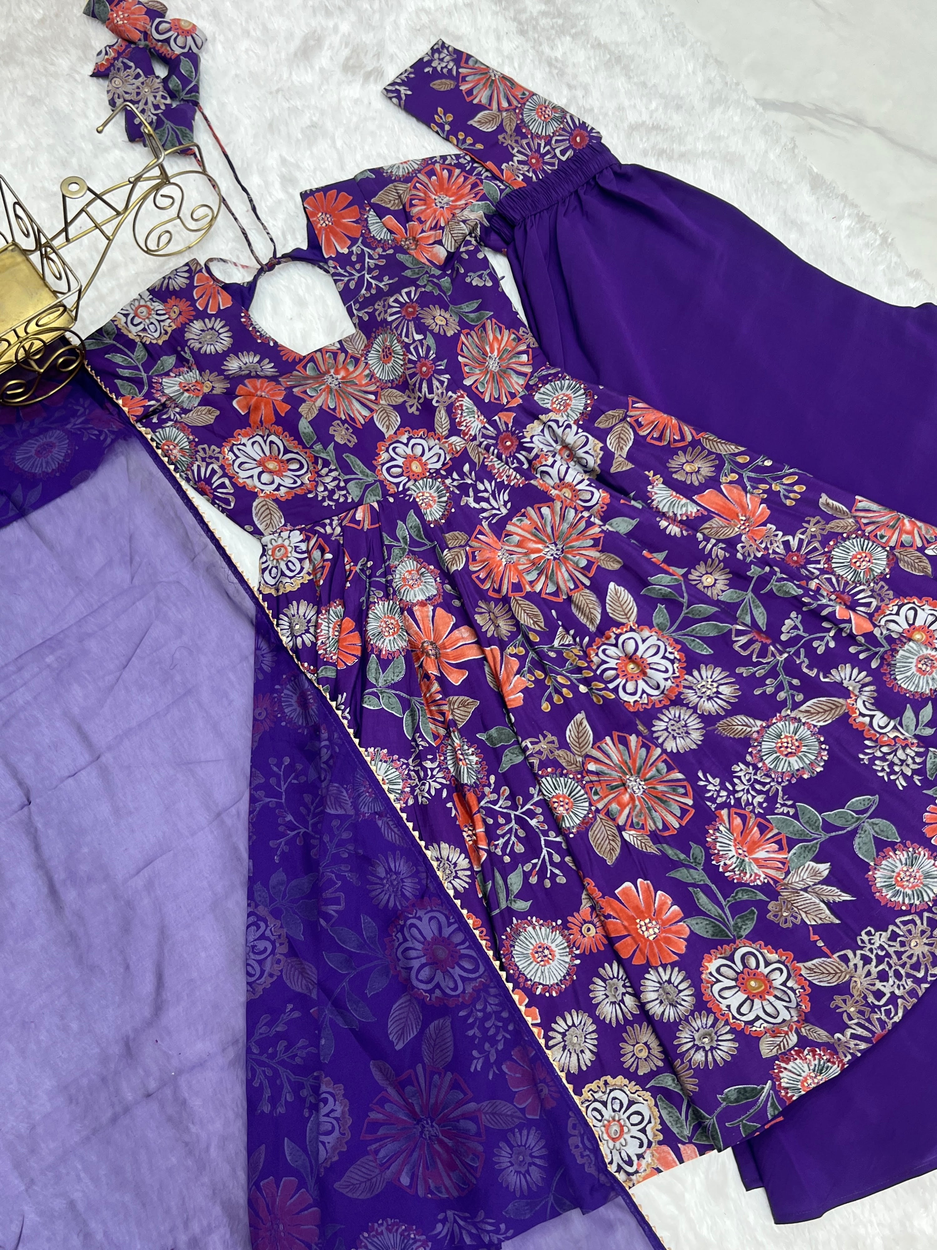 Roman Chanderi Silk Printed Kurta-Palazzo Set – Purple