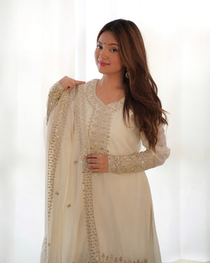 Chinon Silk Embroidered Straight Kurta Set – Ivory