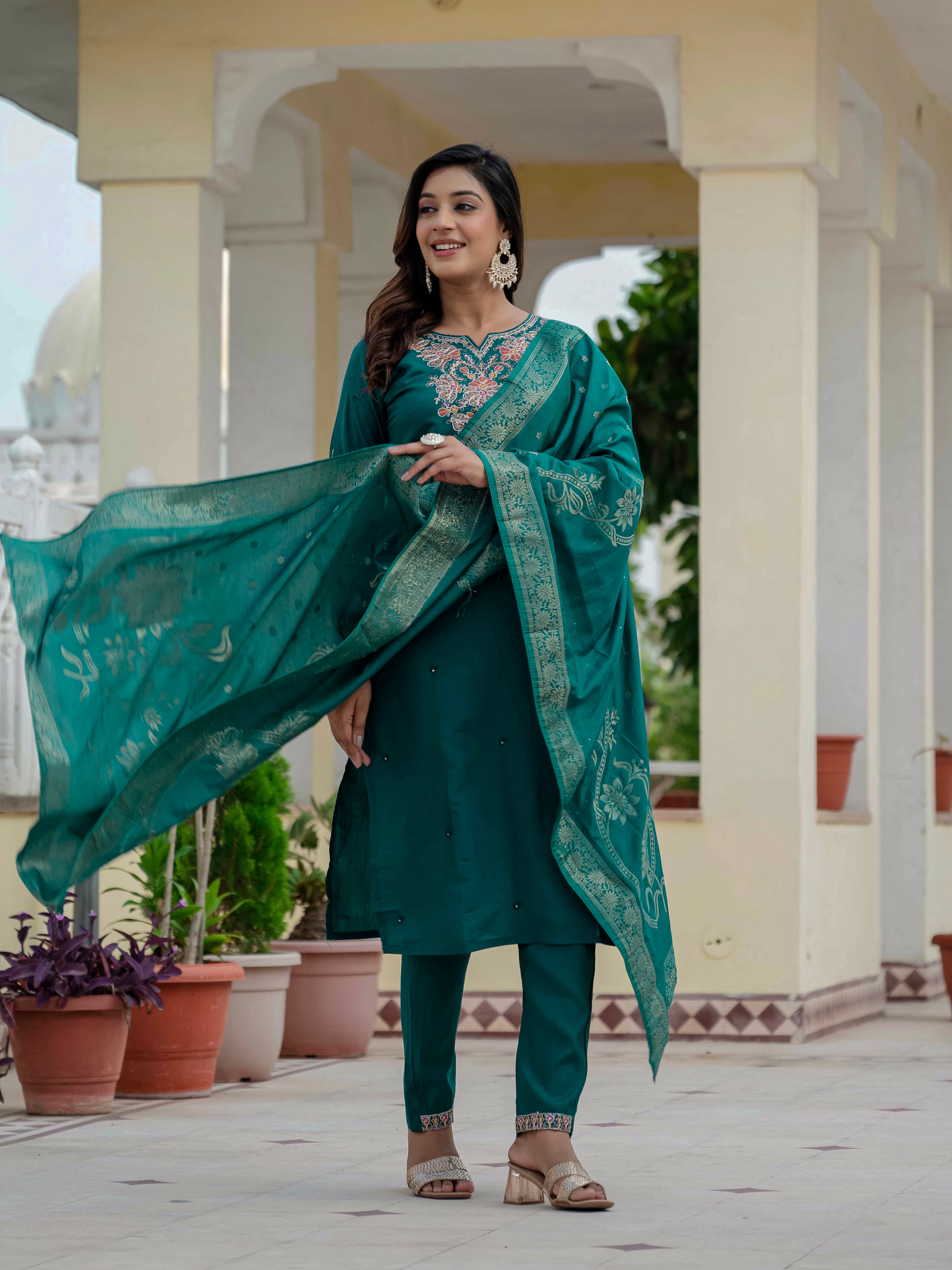 Premium Roman Silk Embroidered Straight Kurti Set – Rama Green