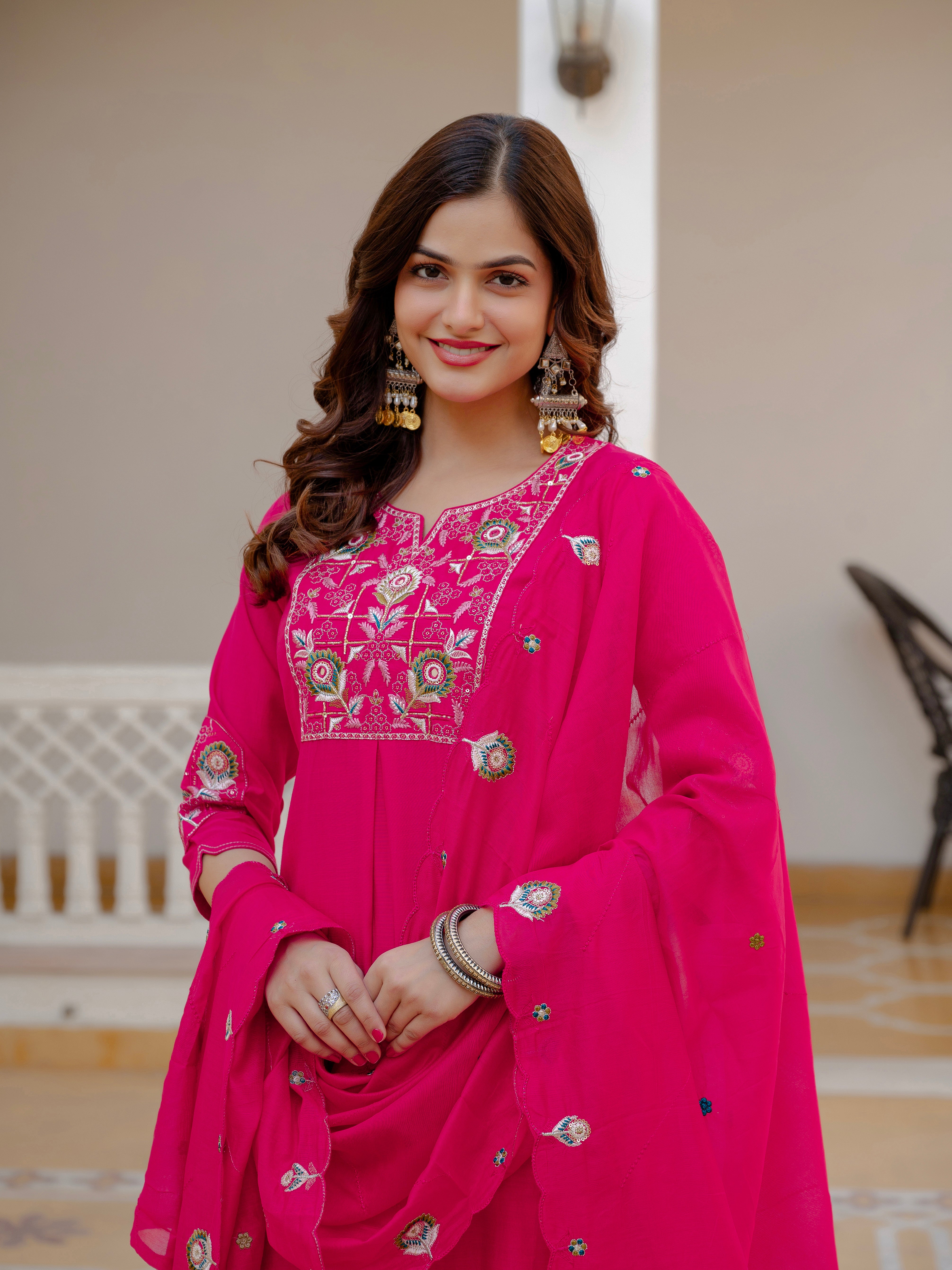 Pure Viscose Mango Silk Embroidered Straight Kurti Set – Pink