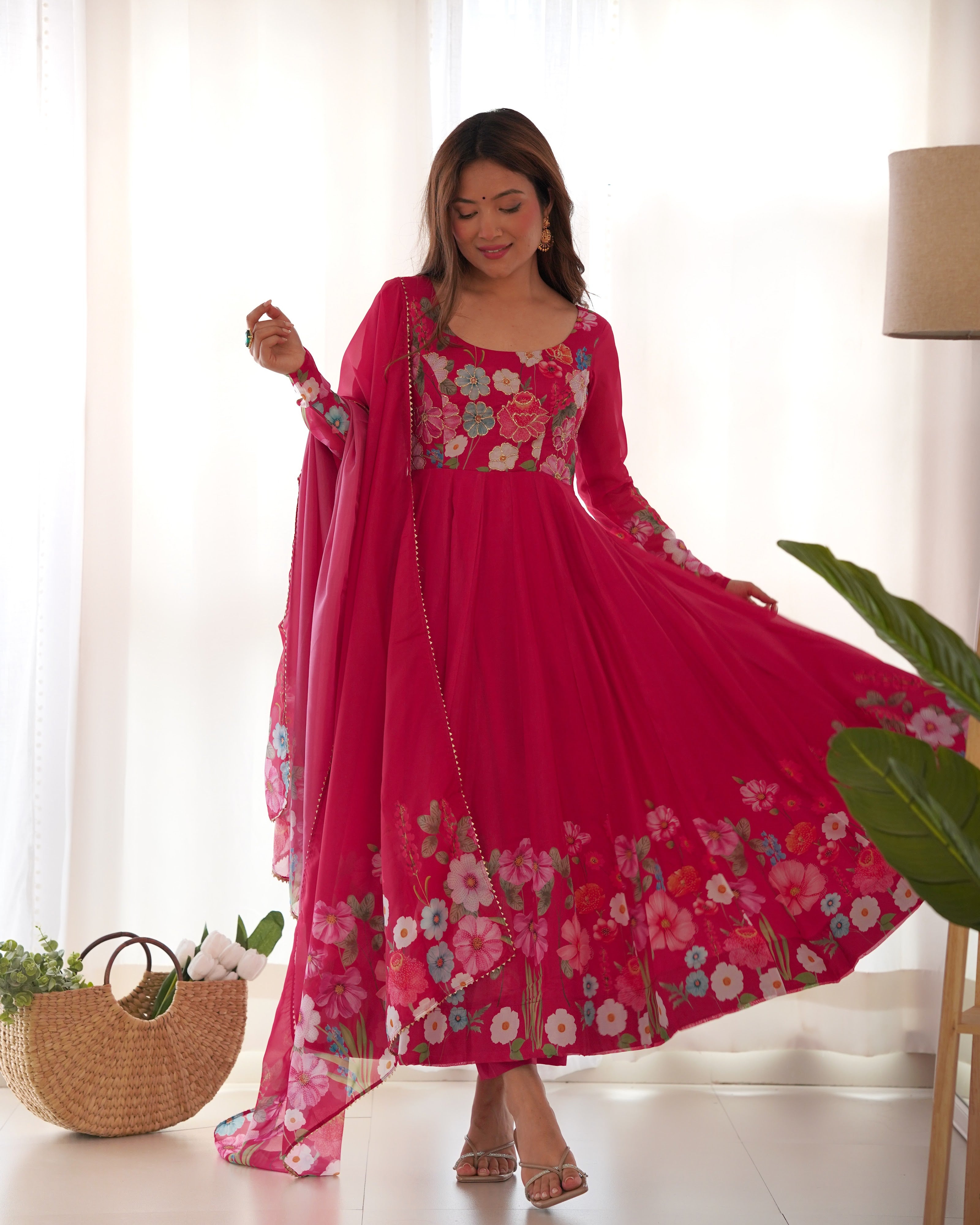 Organza Silk Printed Anarkali Set – Pink