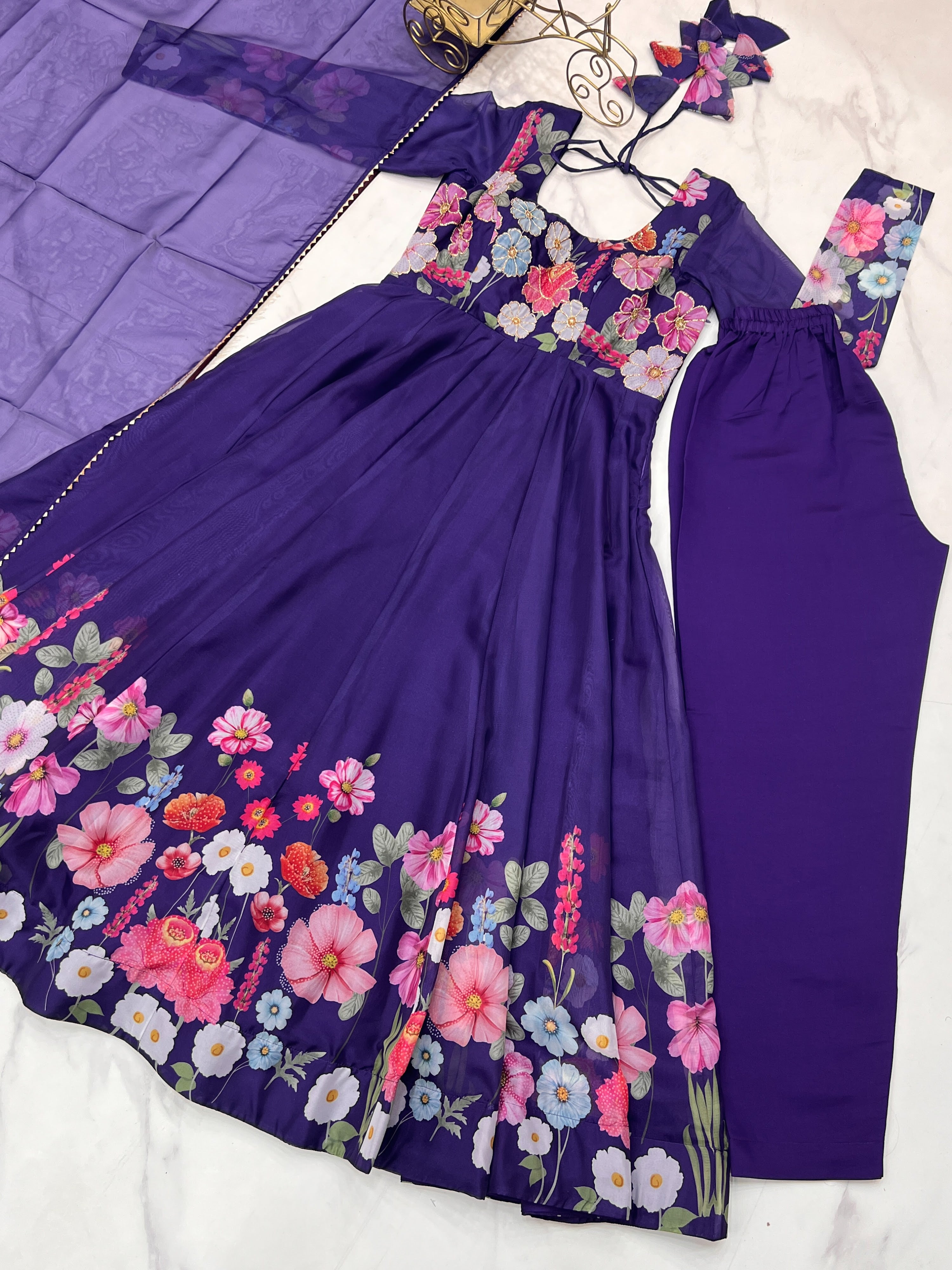 Organza Silk Printed Anarkali Set – Purple